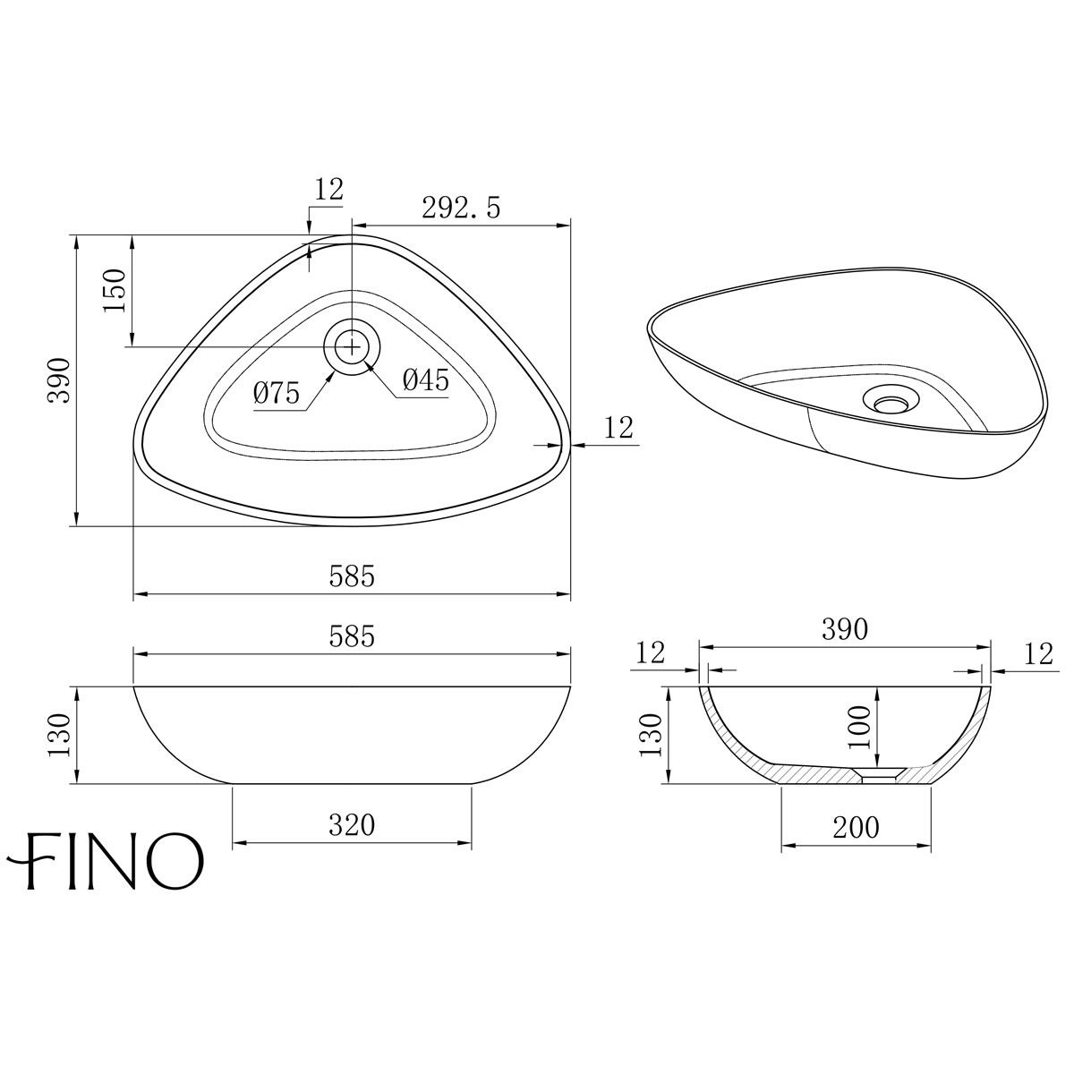 Capileira Matt White Countertop Stone Basin 585mm