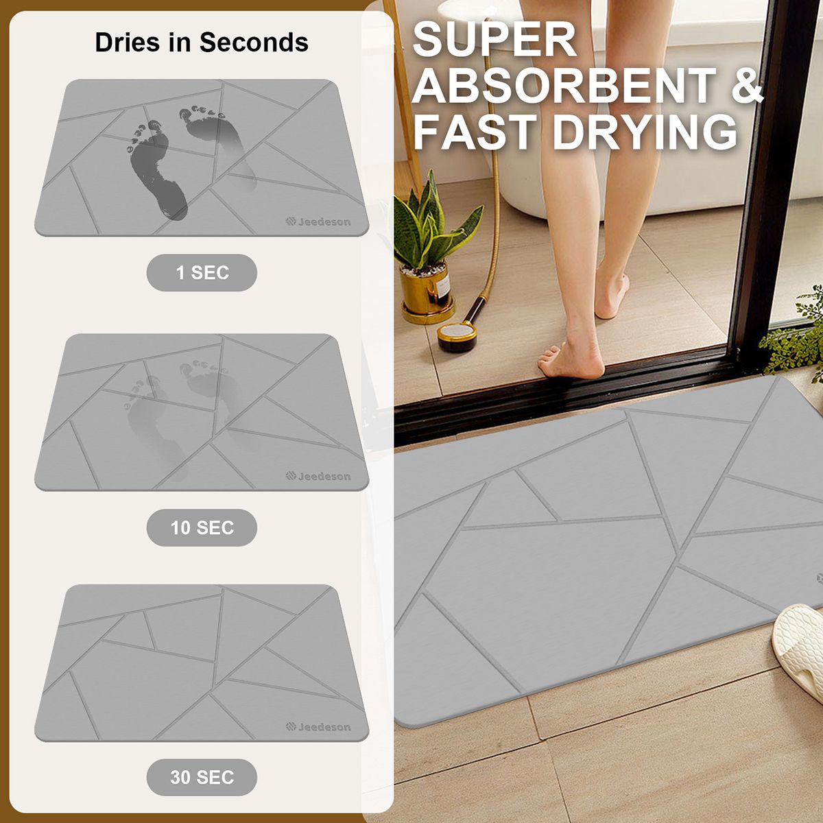  Stone Bath Mat - Super Absorbent Quick-Dry Diatomite Bath Mat, Non-Slip Bathroom Floor Mat with Anti-Slip Pad, Natural & Sustainable (39x60cm/16