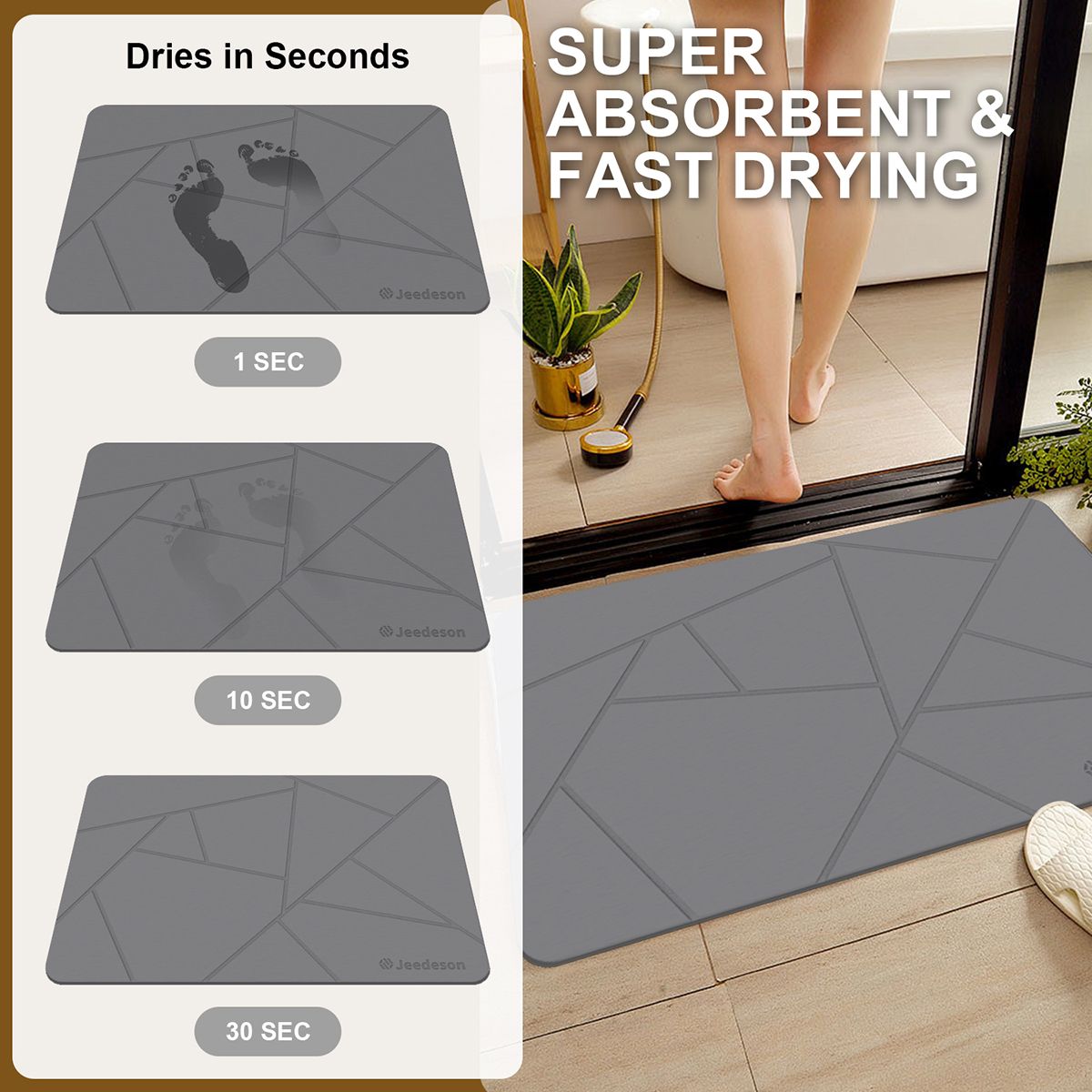 Stone Bath Mat - Super Absorbent Quick-Dry Diatomite Bath Mat, Non-Slip Bathroom Floor Mat with Anti-Slip Pad, Natural & Sustainable (39x60cm/16