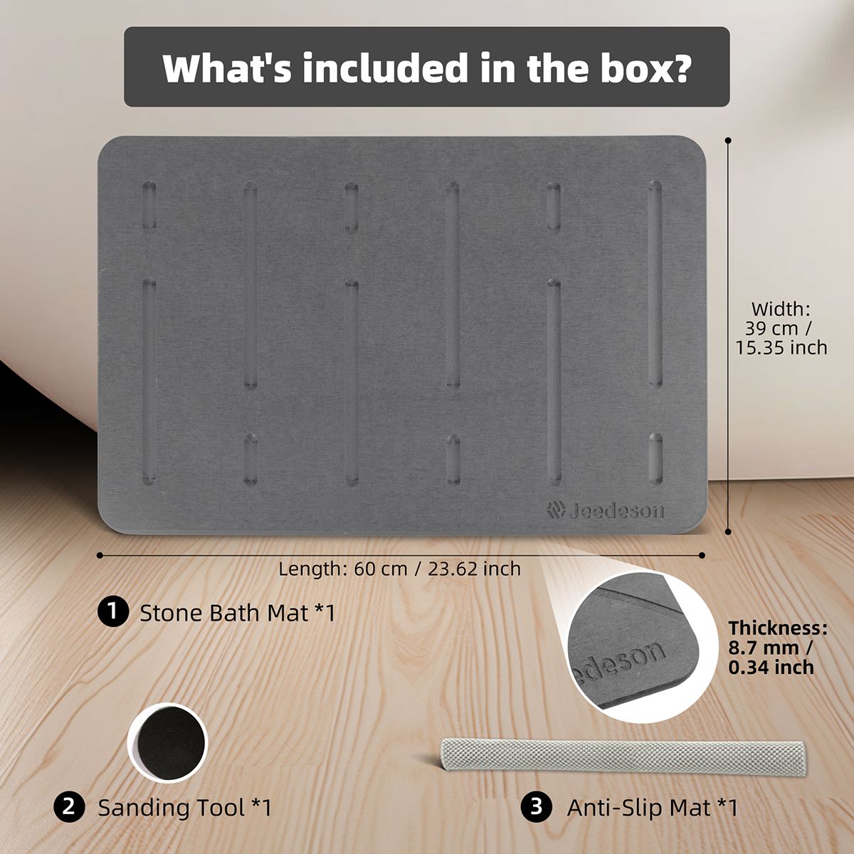  Stone Bath Mat - Super Absorbent Quick-Dry Diatomite Bath Mat, Non-Slip Bathroom Floor Mat with Anti-Slip Pad, Natural & Sustainable (39x60cm/16