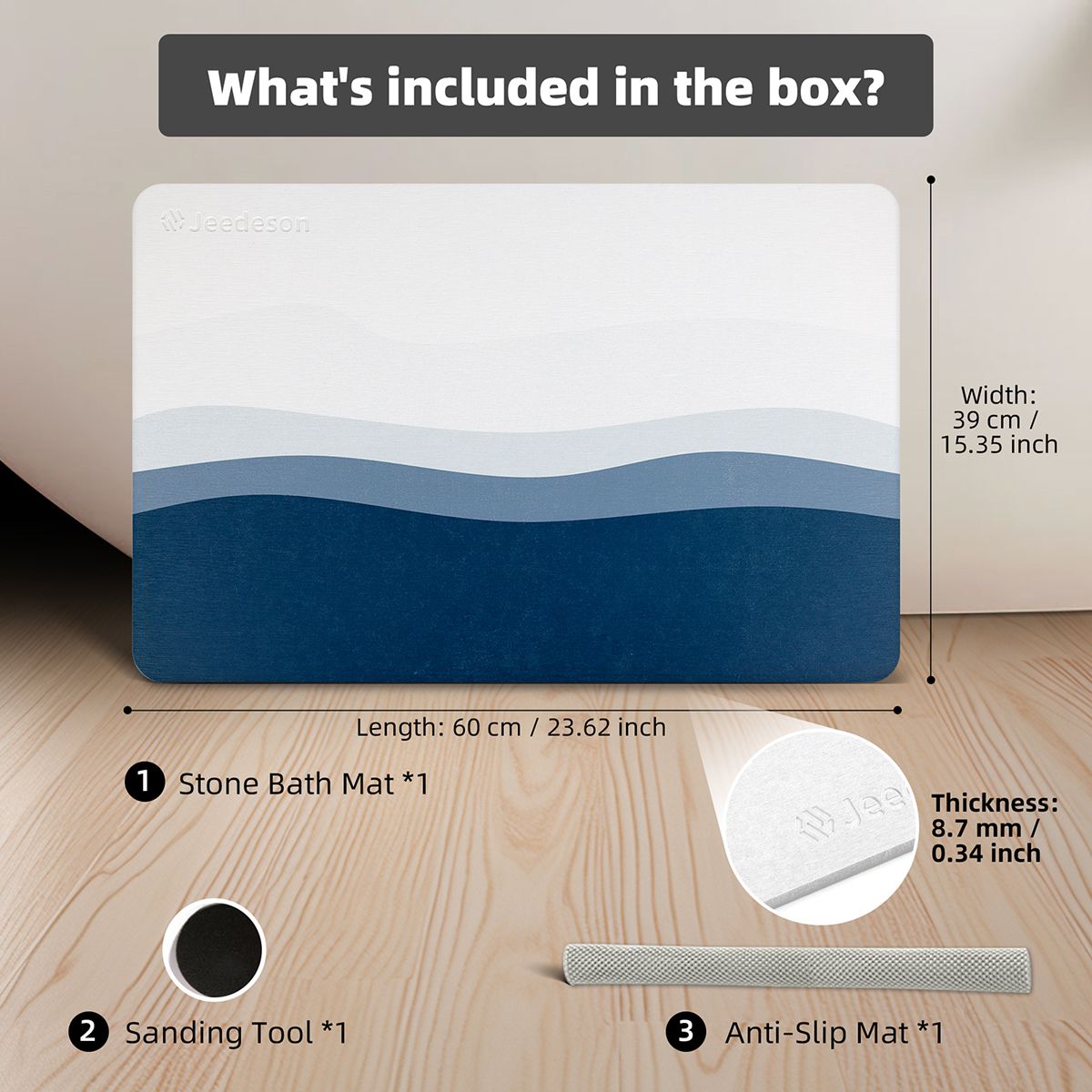 Luxury Diatomite Bath Mat with Blue Wave Design | Quick-Dry Anti-Slip Bathroom & Kitchen Mat | Ultra-Absorbent Stone Mat for Shower, Entryway, Pet Use | 39x60cm Non-Slip Surface