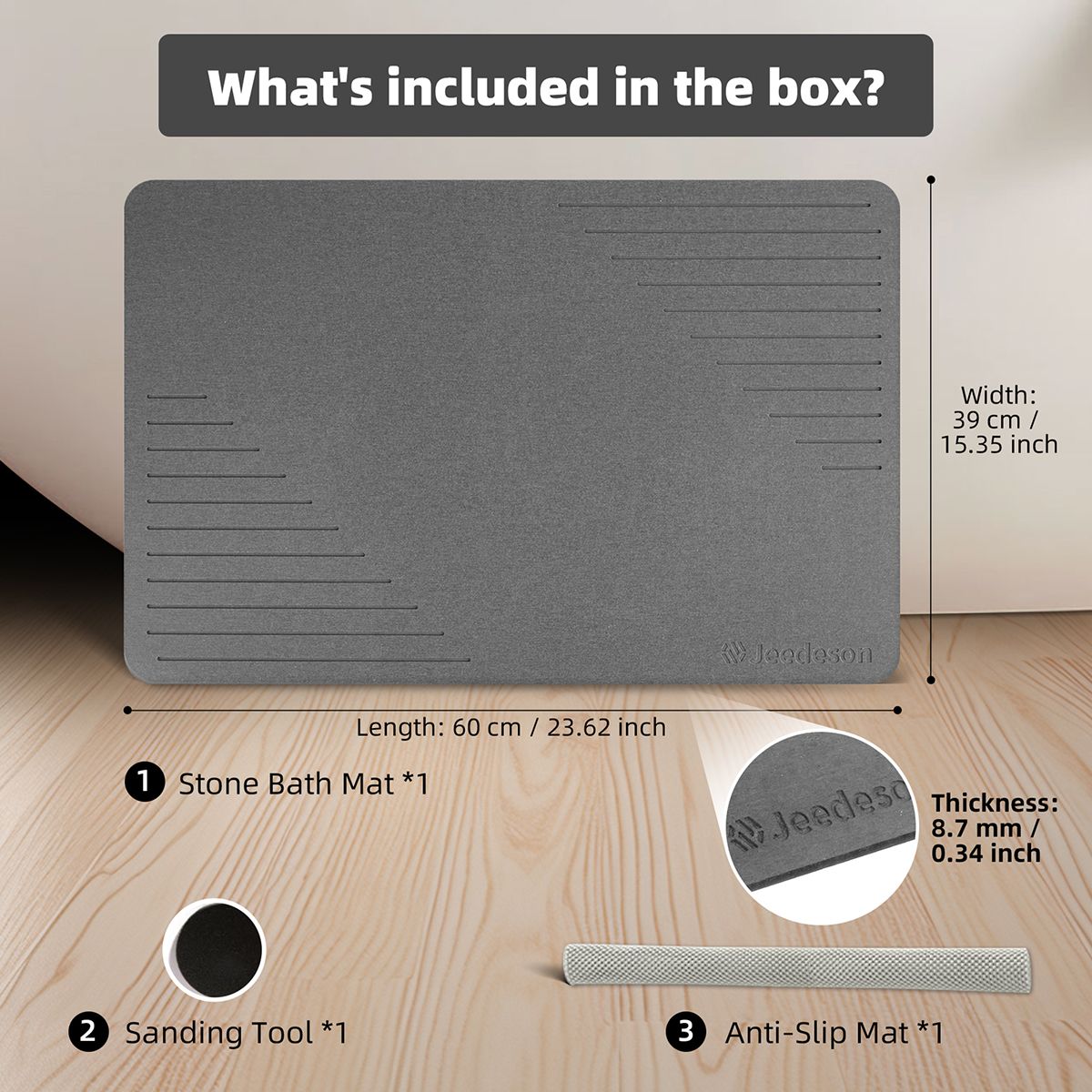 Stone Bath Mat Diatomaceous Earth Shower Mat Non-Slip Super Absorbent Diatomite Stone Mats for Bathroom Floor Quick-Drying Easy to Clean (39x60cm/16