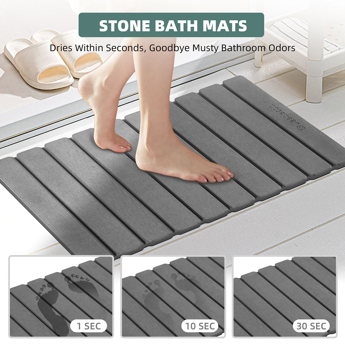 Foldable Stone Bath Mat - Super Absorbent Diatomaceous Earth, Non-Slip Quick Dry Bathroom Mat | 39x60cm (16x24