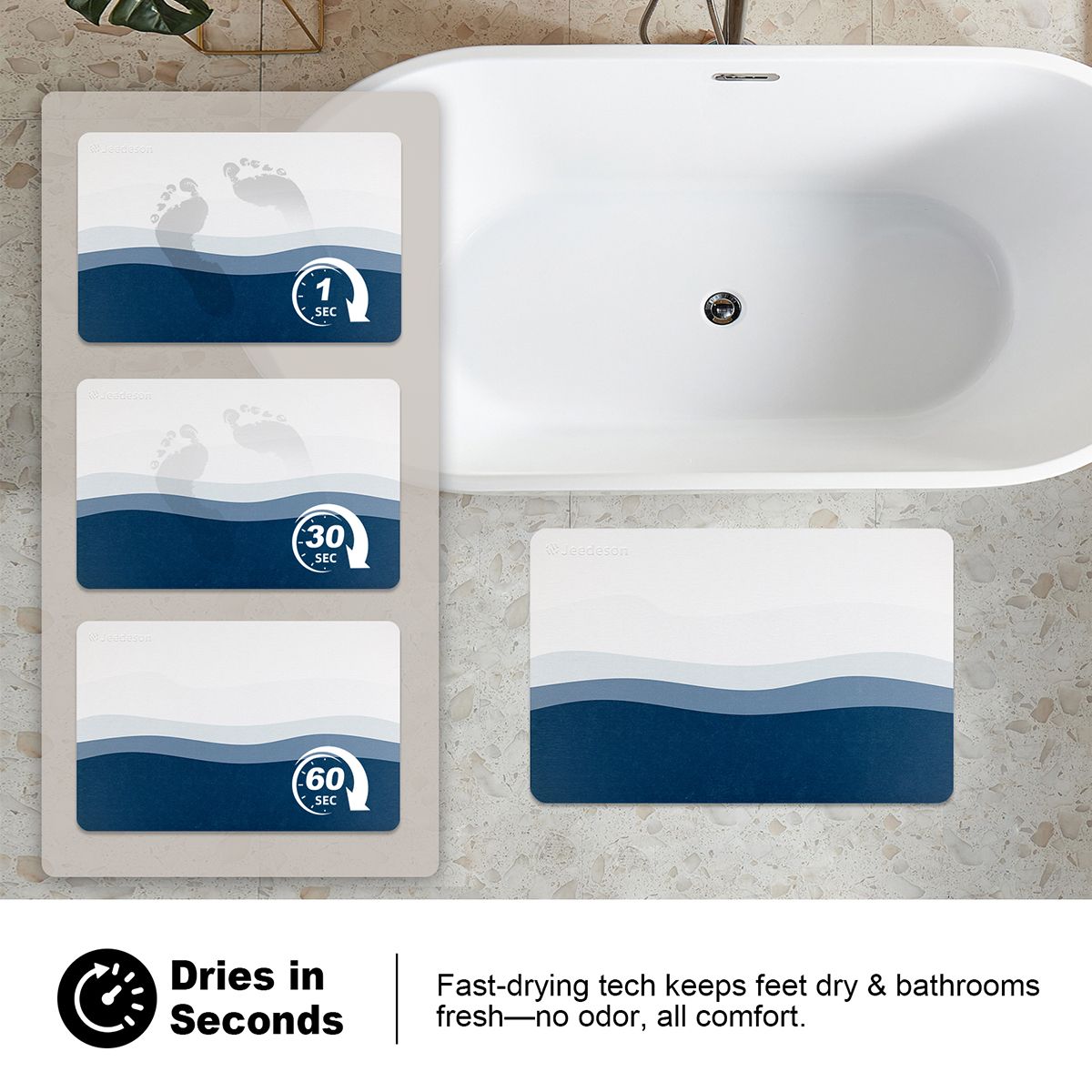 Luxury Diatomite Bath Mat with Blue Wave Design | Quick-Dry Anti-Slip Bathroom & Kitchen Mat | Ultra-Absorbent Stone Mat for Shower, Entryway, Pet Use | 39x60cm Non-Slip Surface