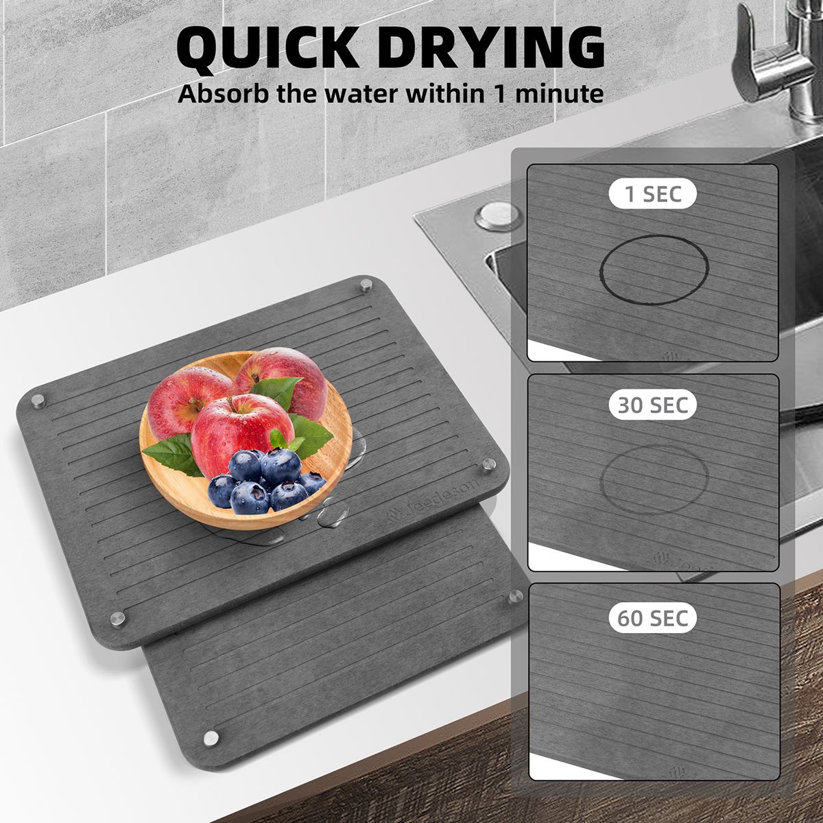 2-Pack Large Diatomite Dish Drying Mat, Fast-Absorbing Stone Drying Mat for Kitchen Countertops, Sink Side, Dark Grey