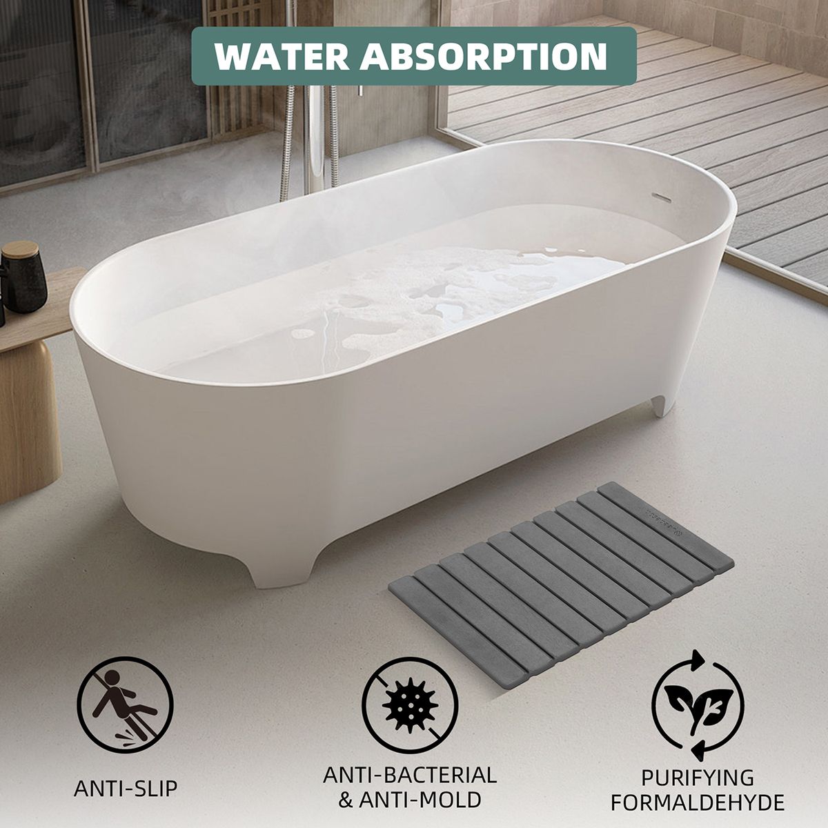 Foldable Stone Bath Mat - Super Absorbent Diatomaceous Earth, Non-Slip Quick Dry Bathroom Mat | 39x60cm (16x24