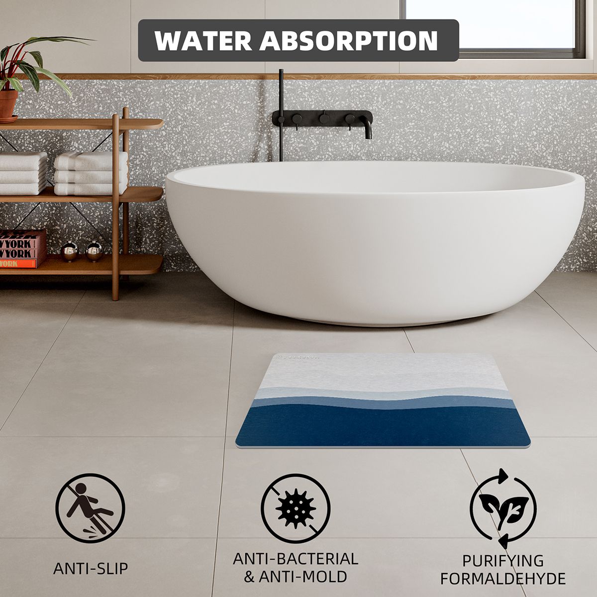 Luxury Diatomite Bath Mat with Blue Wave Design | Quick-Dry Anti-Slip Bathroom & Kitchen Mat | Ultra-Absorbent Stone Mat for Shower, Entryway, Pet Use | 39x60cm Non-Slip Surface