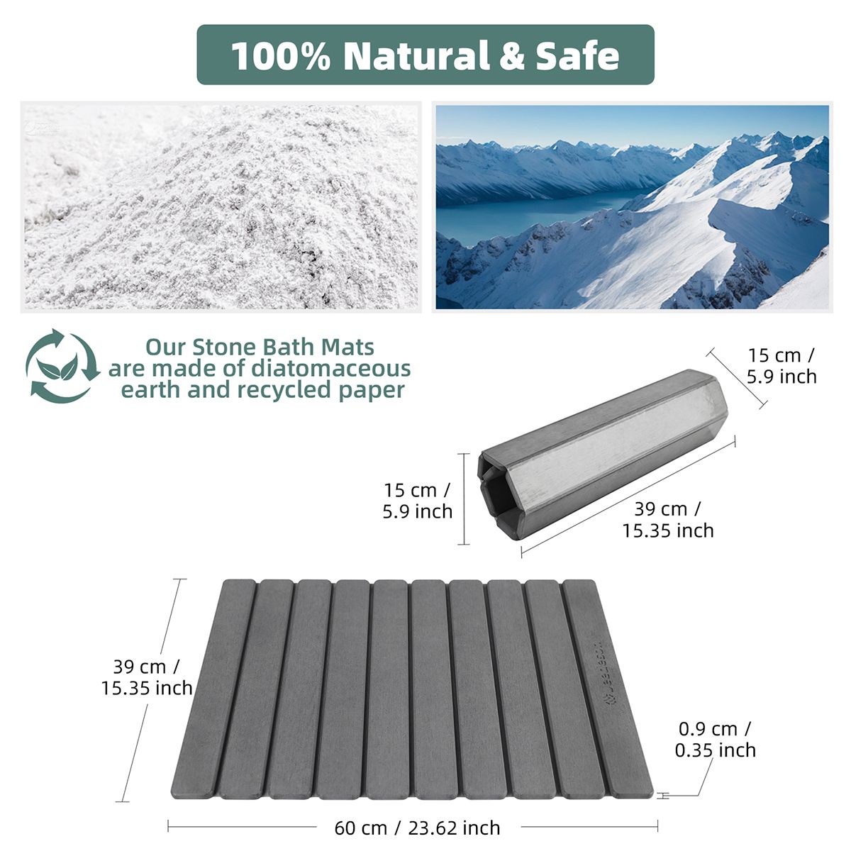Foldable Stone Bath Mat - Super Absorbent Diatomaceous Earth, Non-Slip Quick Dry Bathroom Mat | 39x60cm (16x24