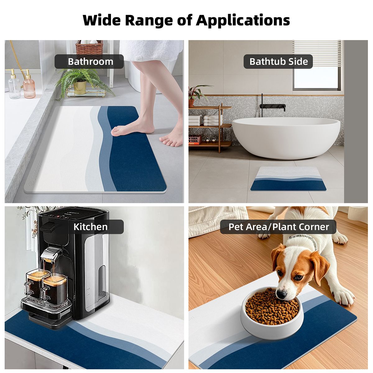 Luxury Diatomite Bath Mat with Blue Wave Design | Quick-Dry Anti-Slip Bathroom & Kitchen Mat | Ultra-Absorbent Stone Mat for Shower, Entryway, Pet Use | 39x60cm Non-Slip Surface