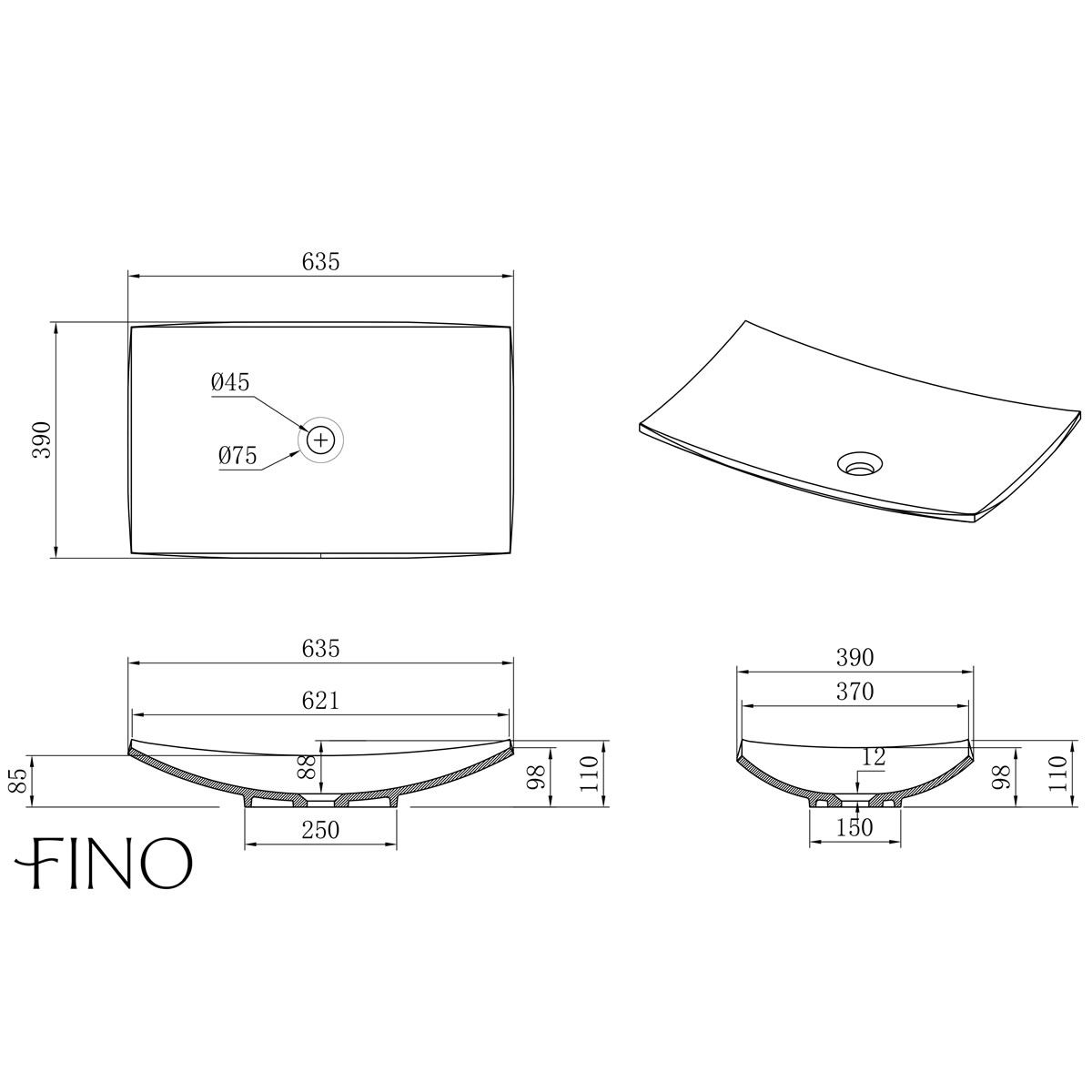 Frias Matt White Countertop Stone Basin 632mm