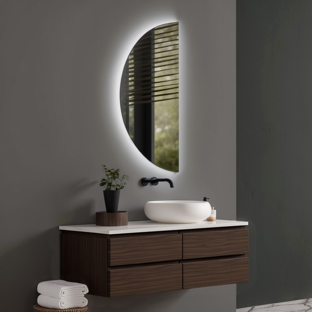 Setenil Half Moon Heated Anti-Fog LED Bathroom Mirror 50x100cm