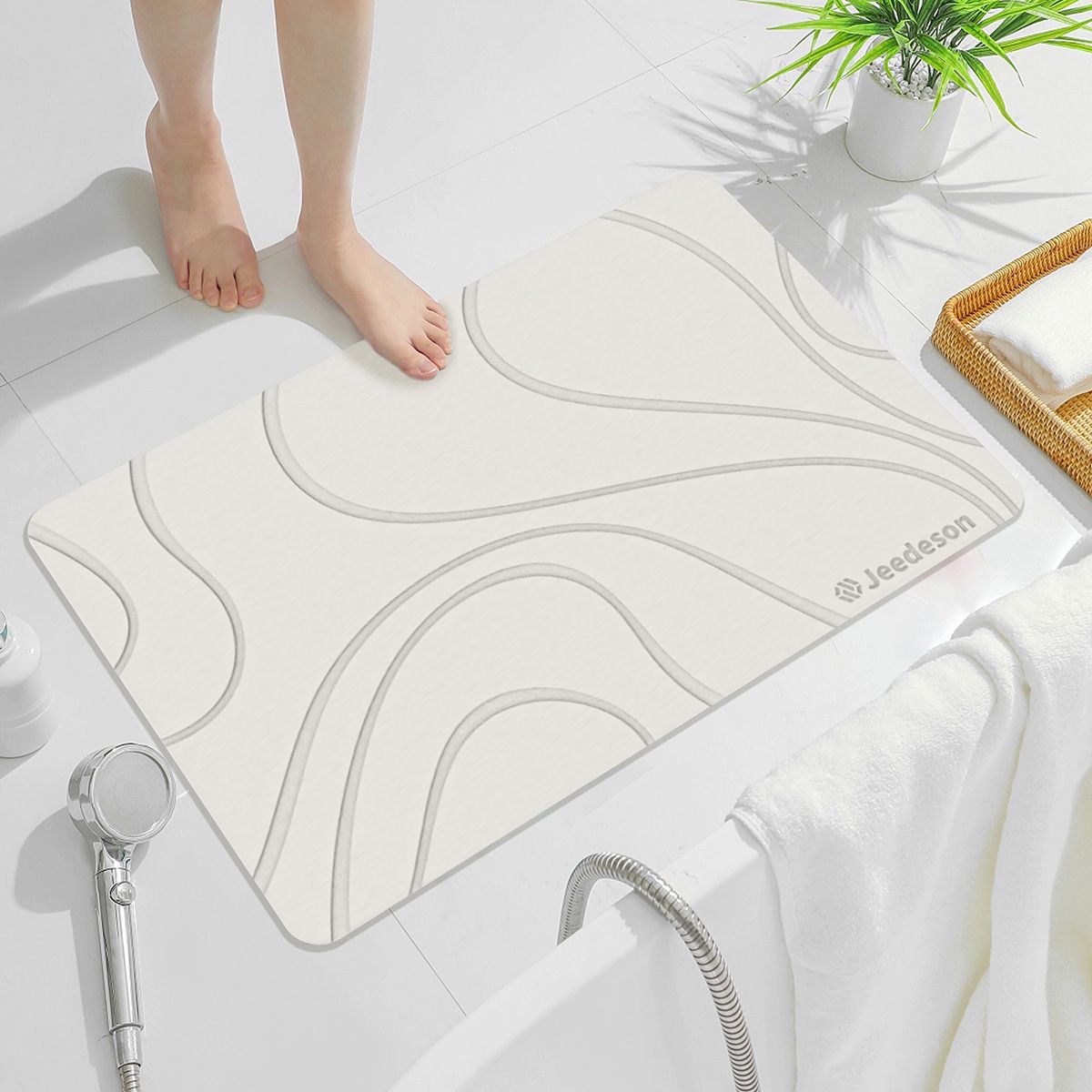 Stone Bath Mat Diatomaceous Earth Shower Mat Non-Slip Super Absorbent Diatomite Stone Mats for Bathroom Floor Quick-Drying Easy to Clean (39x60cm/16" x 24" White Grey) 