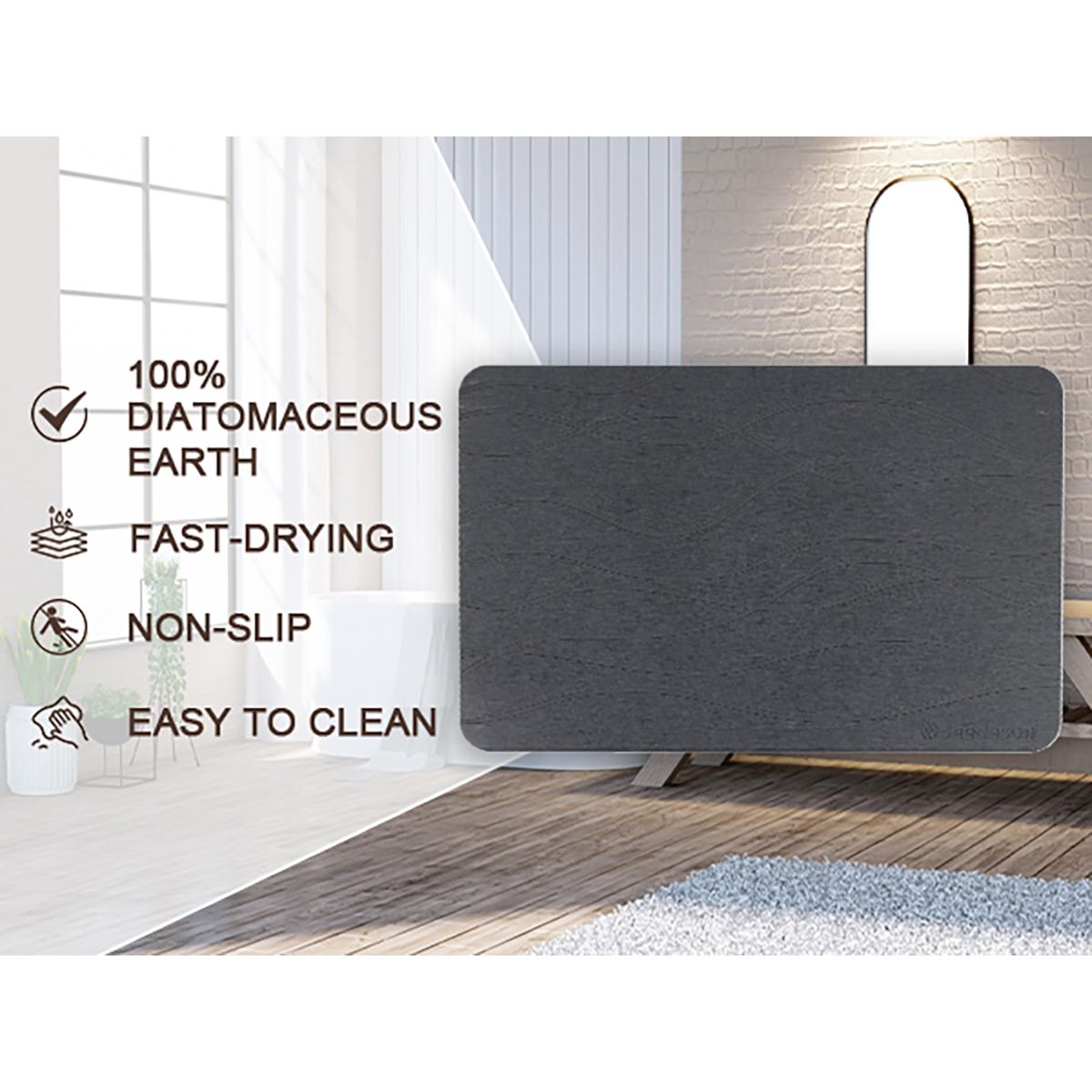 Stone Bath Mat Diatomaceous Earth Shower Mat Non-Slip Super Absorbent Diatomite Stone Mats for Bathroom Floor Quick-Drying Easy to Clean (39x60cm/16" x 24" Dark Grey) 