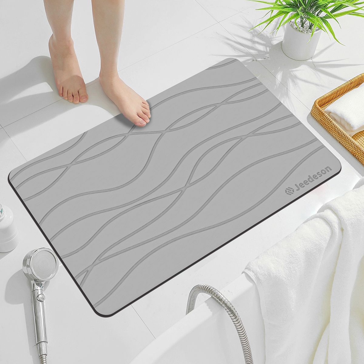 Stone Bath Mat Diatomaceous Earth Shower Mat Non-Slip Super Absorbent Diatomite Stone Mats for Bathroom Floor Quick-Drying Easy to Clean (39x60cm/16" x 24" Light Grey) 