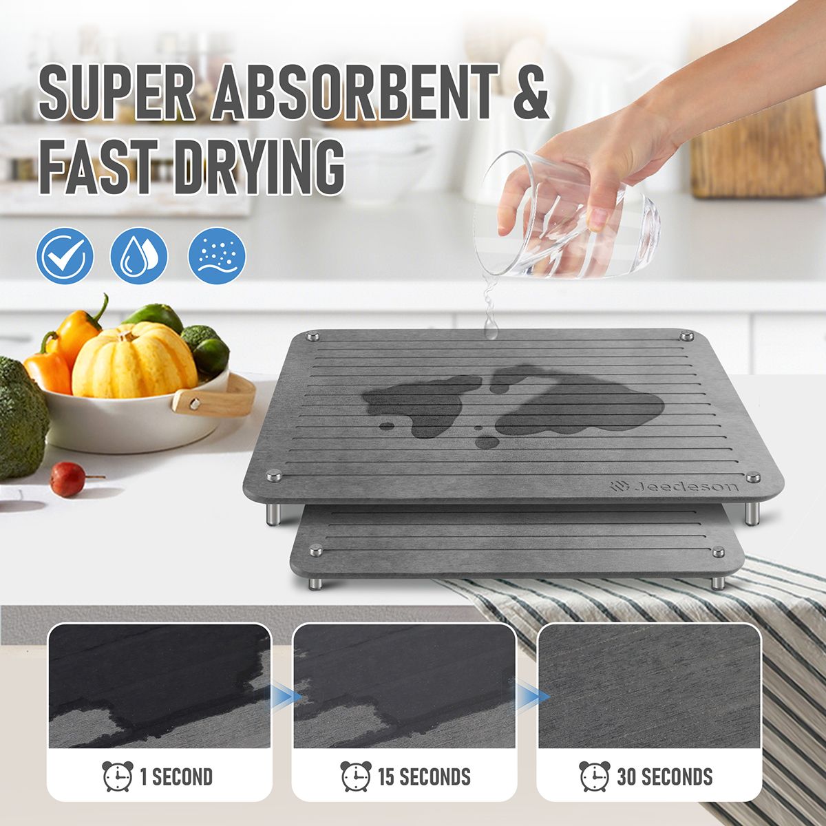 2-Pack Large Diatomite Dish Drying Mat, Fast-Absorbing Stone Drying Mat for Kitchen Countertops, Sink Side, Dark Grey