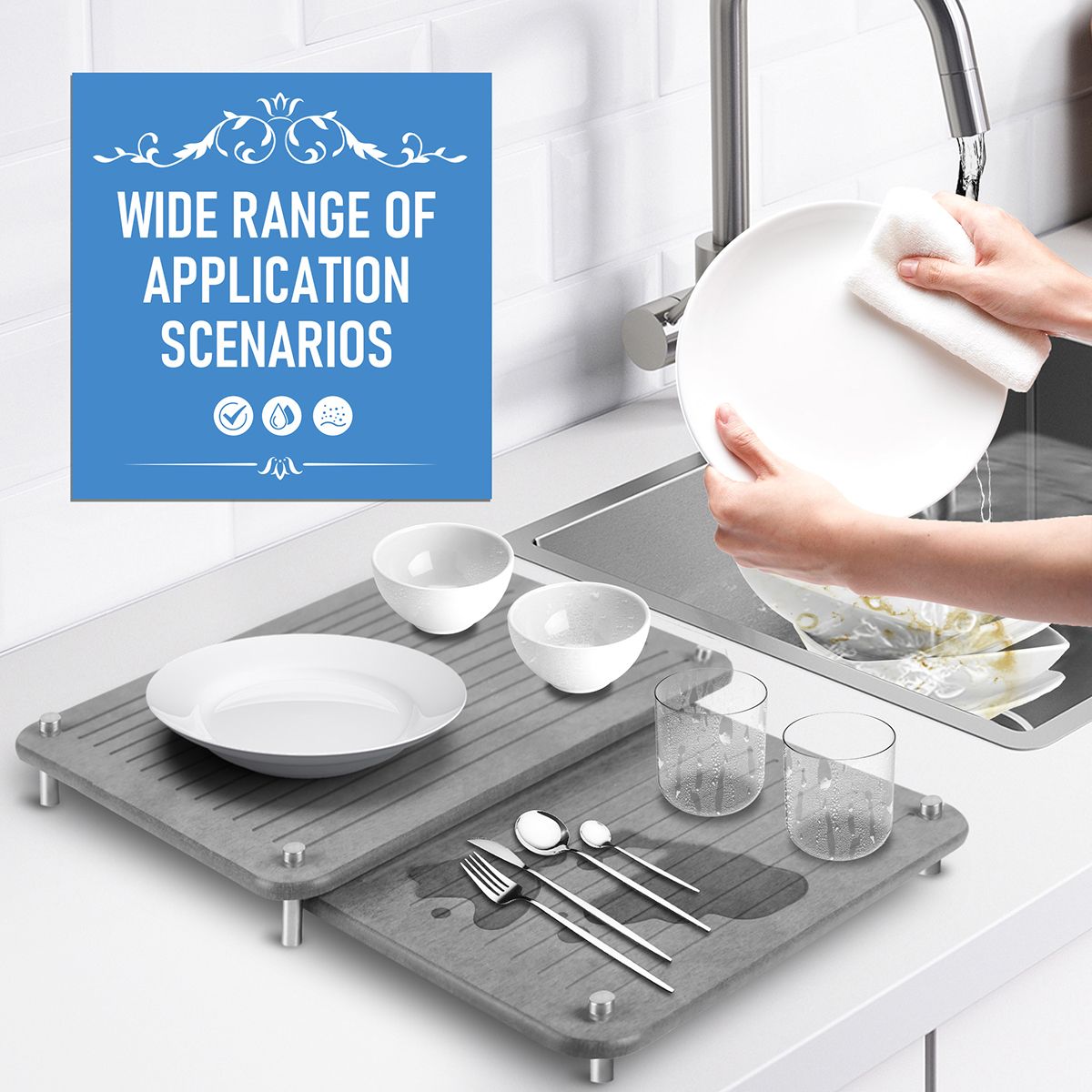 2-Pack Large Diatomite Dish Drying Mat, Fast-Absorbing Stone Drying Mat for Kitchen Countertops, Sink Side, Dark Grey