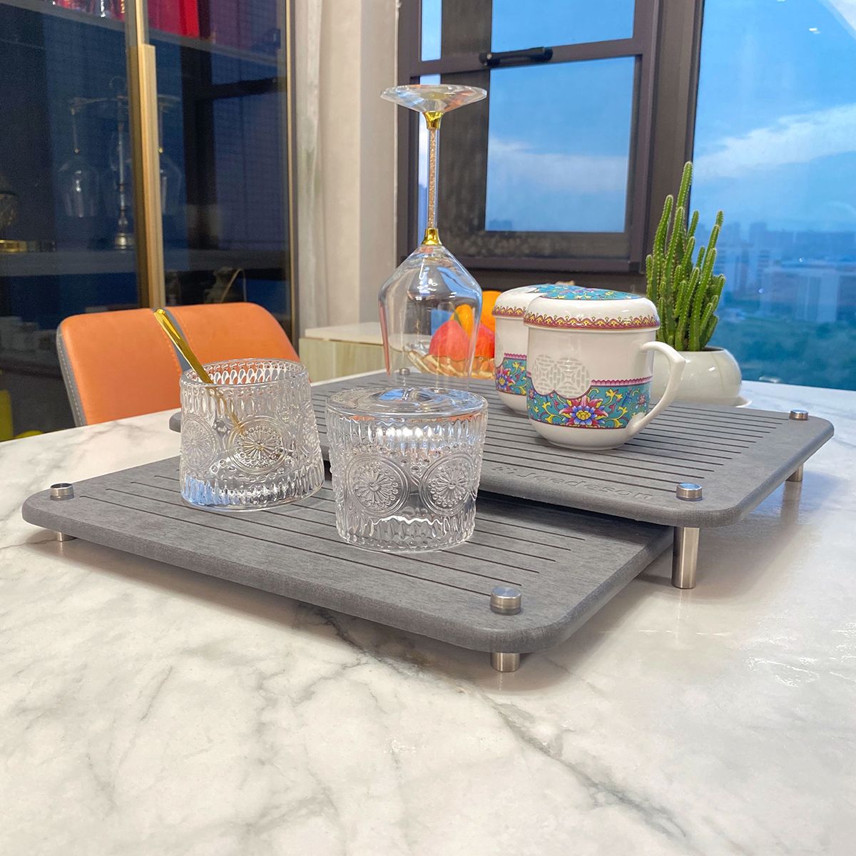 2-Pack Large Diatomite Dish Drying Mat, Fast-Absorbing Stone Drying Mat for Kitchen Countertops, Sink Side, Dark Grey