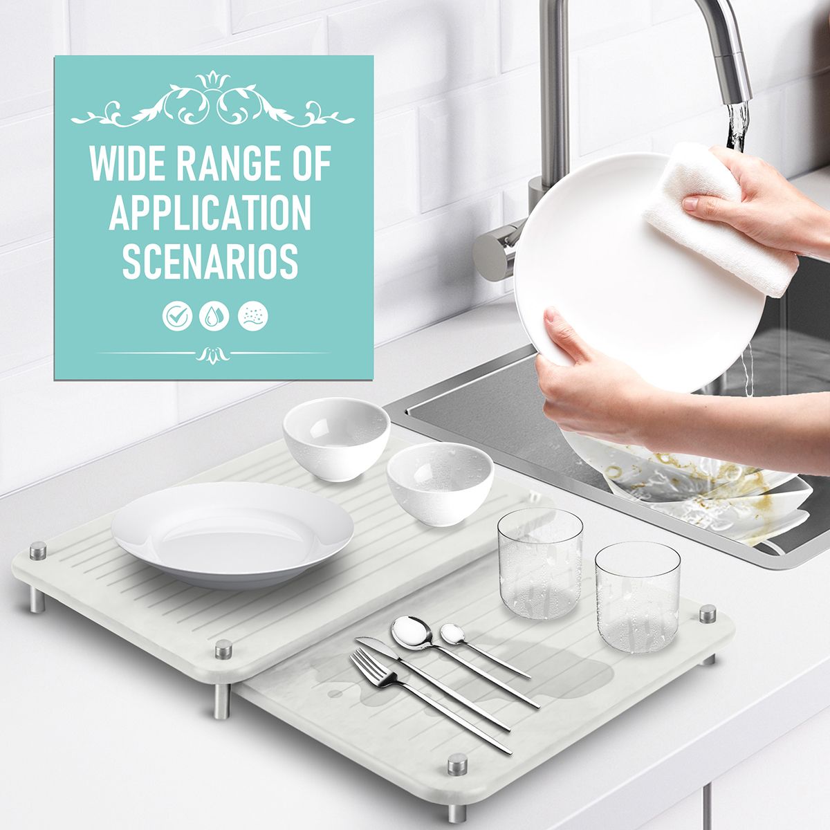 Premium 2-Pack Diatomite Dish Drying Mat | Fast-Absorbing Stone Sink Tray | Expandable Worktop Drying Rack Pad | Eco-Friendly Kitchen Drain Board, Light Grey