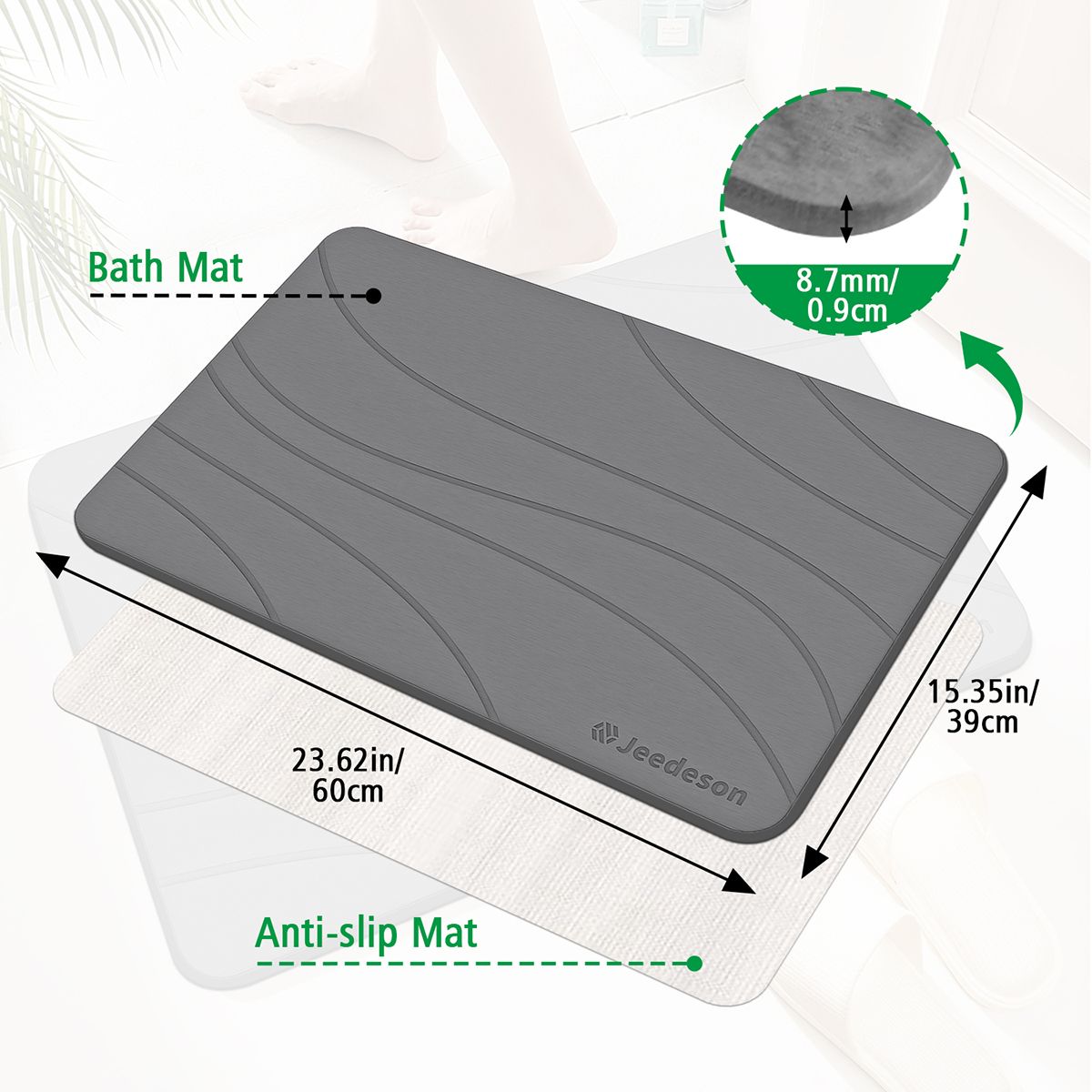  Stone Bath Mat - Super Absorbent Quick-Dry Diatomite Bath Mat, Non-Slip Bathroom Floor Mat with Anti-Slip Pad, Natural & Sustainable (39x60cm/16