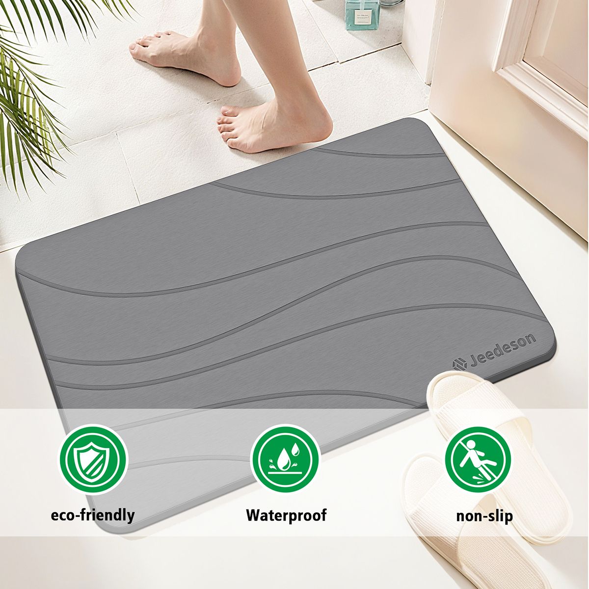  Stone Bath Mat - Super Absorbent Quick-Dry Diatomite Bath Mat, Non-Slip Bathroom Floor Mat with Anti-Slip Pad, Natural & Sustainable (39x60cm/16