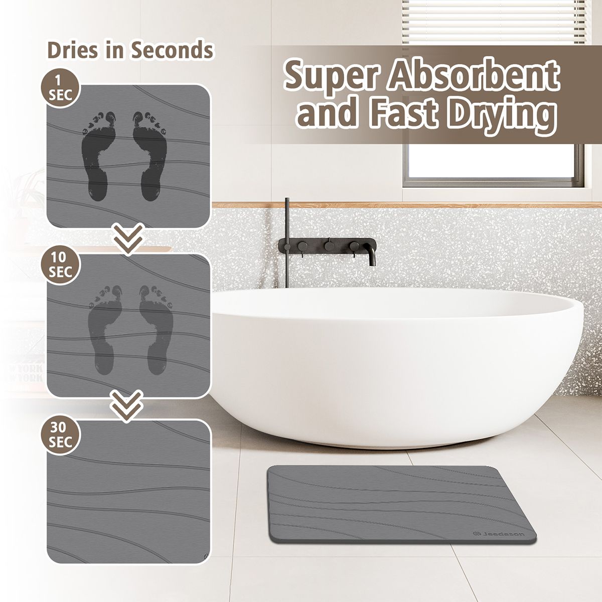  Stone Bath Mat - Super Absorbent Quick-Dry Diatomite Bath Mat, Non-Slip Bathroom Floor Mat with Anti-Slip Pad, Natural & Sustainable (39x60cm/16