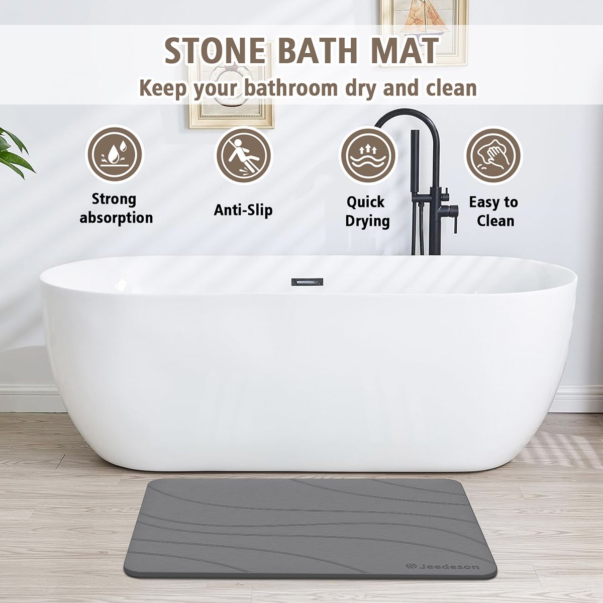  Stone Bath Mat - Super Absorbent Quick-Dry Diatomite Bath Mat, Non-Slip Bathroom Floor Mat with Anti-Slip Pad, Natural & Sustainable (39x60cm/16