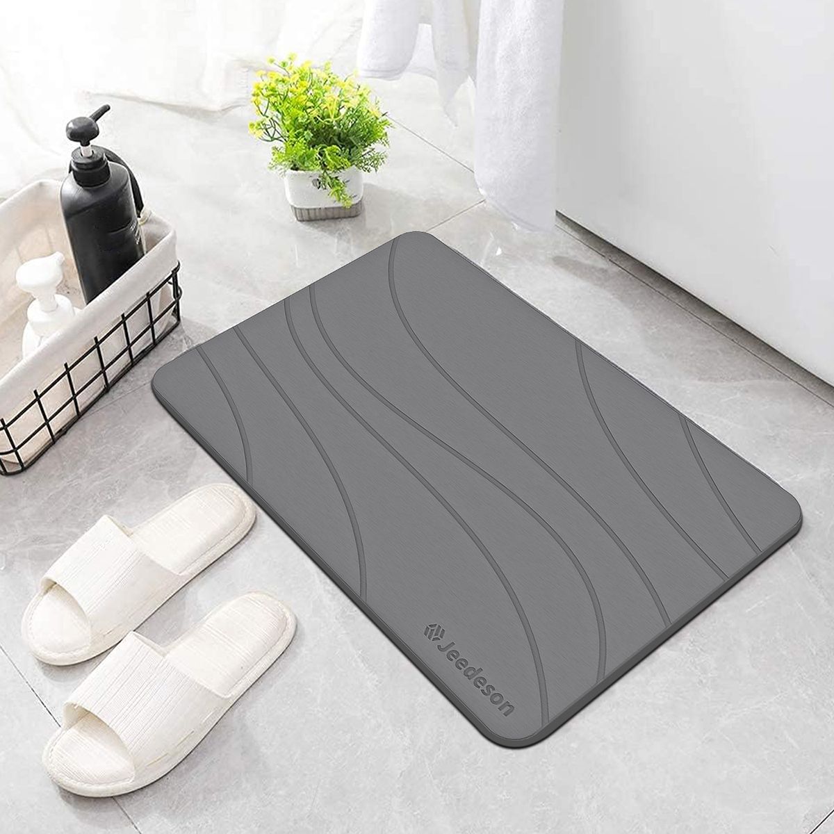  Stone Bath Mat - Super Absorbent Quick-Dry Diatomite Bath Mat, Non-Slip Bathroom Floor Mat with Anti-Slip Pad, Natural & Sustainable (39x60cm/16
