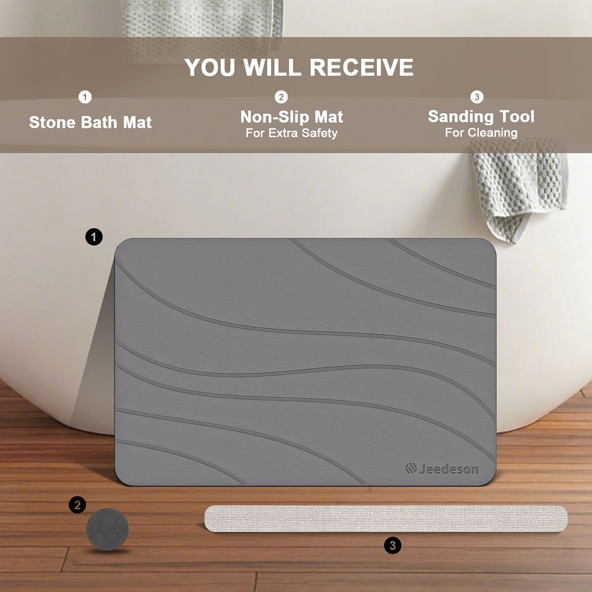  Stone Bath Mat - Super Absorbent Quick-Dry Diatomite Bath Mat, Non-Slip Bathroom Floor Mat with Anti-Slip Pad, Natural & Sustainable (39x60cm/16