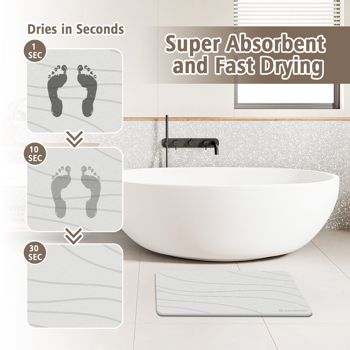  Stone Bath Mat - Super Absorbent Quick-Dry Diatomite Bath Mat, Non-Slip Bathroom Floor Mat with Anti-Slip Pad, Natural & Sustainable (39x60cm/16