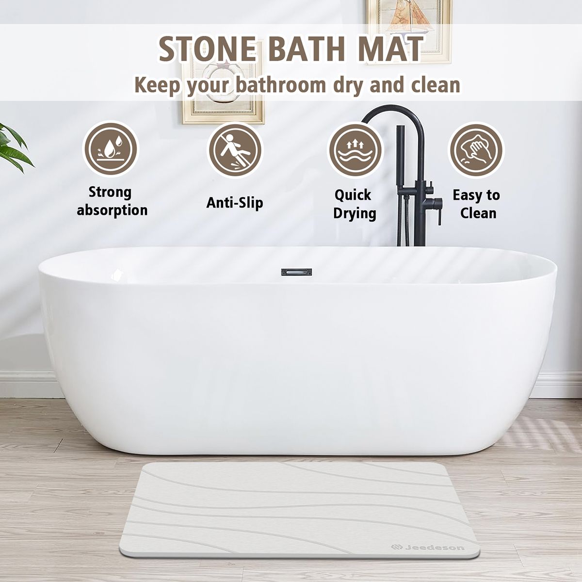  Stone Bath Mat - Super Absorbent Quick-Dry Diatomite Bath Mat, Non-Slip Bathroom Floor Mat with Anti-Slip Pad, Natural & Sustainable (39x60cm/16