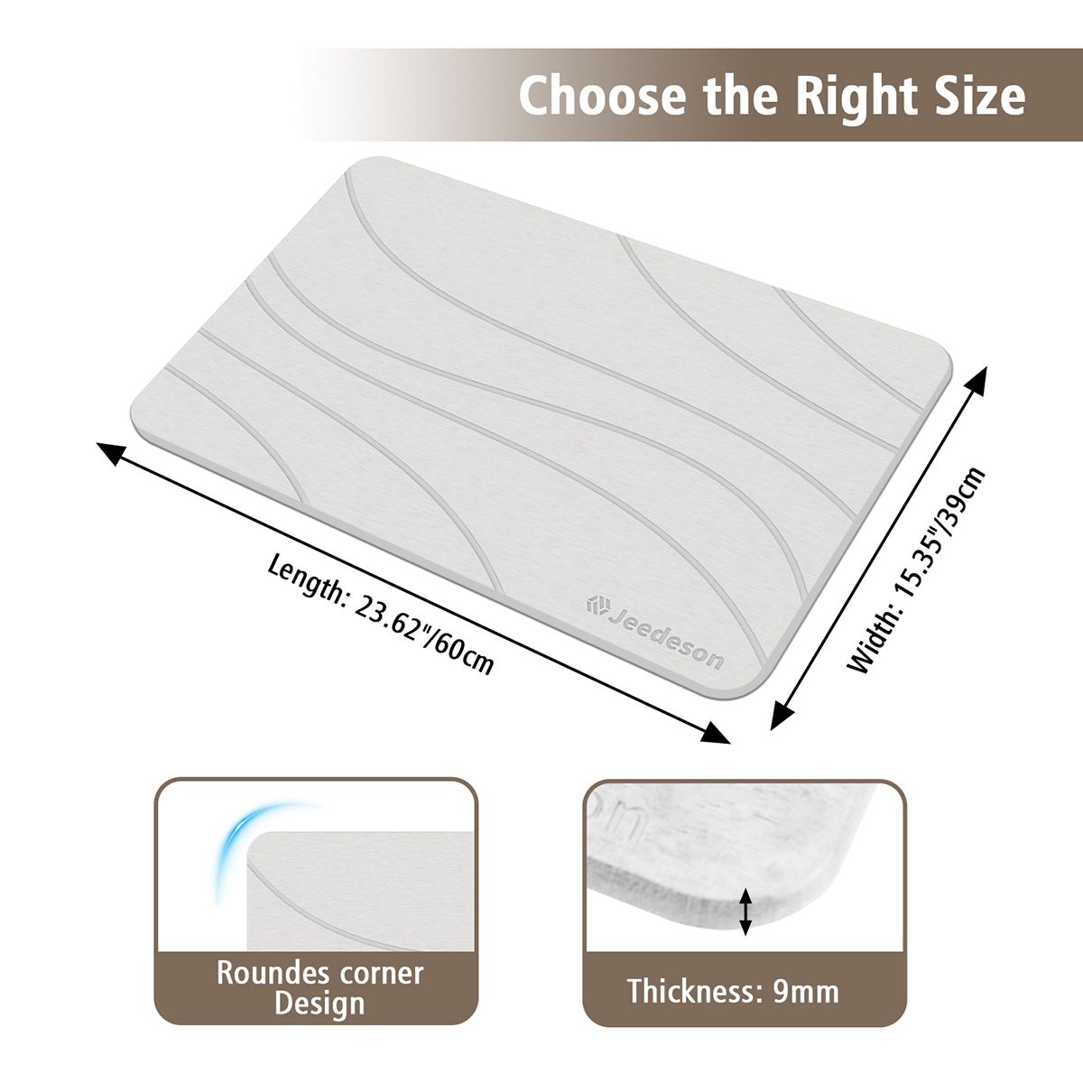  Stone Bath Mat - Super Absorbent Quick-Dry Diatomite Bath Mat, Non-Slip Bathroom Floor Mat with Anti-Slip Pad, Natural & Sustainable (39x60cm/16