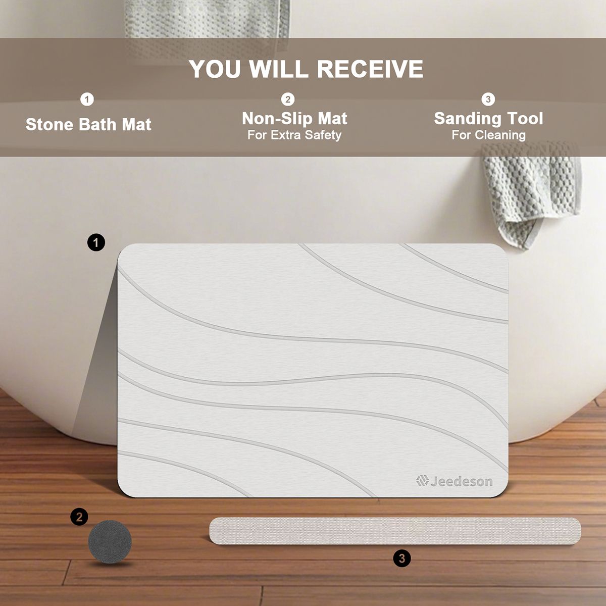  Stone Bath Mat - Super Absorbent Quick-Dry Diatomite Bath Mat, Non-Slip Bathroom Floor Mat with Anti-Slip Pad, Natural & Sustainable (39x60cm/16