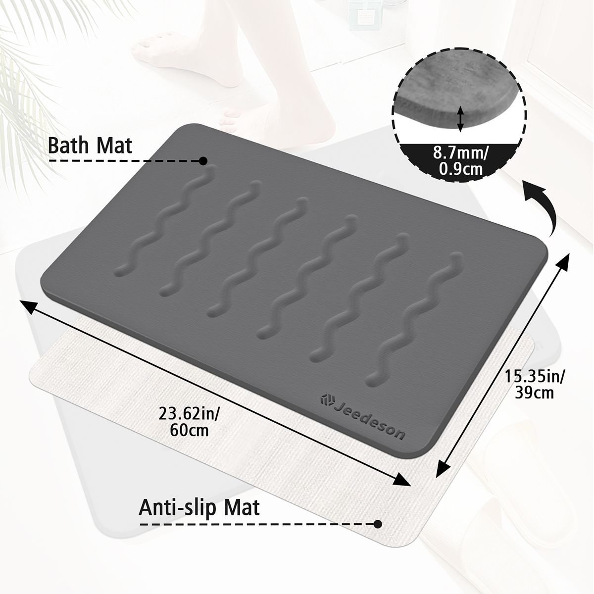 Stone Bath Mat Diatomaceous Earth Shower Mat Non-Slip Super Absorbent Diatomite Stone Mats for Bathroom Floor Quick-Drying Easy to Clean (39x60cm/16