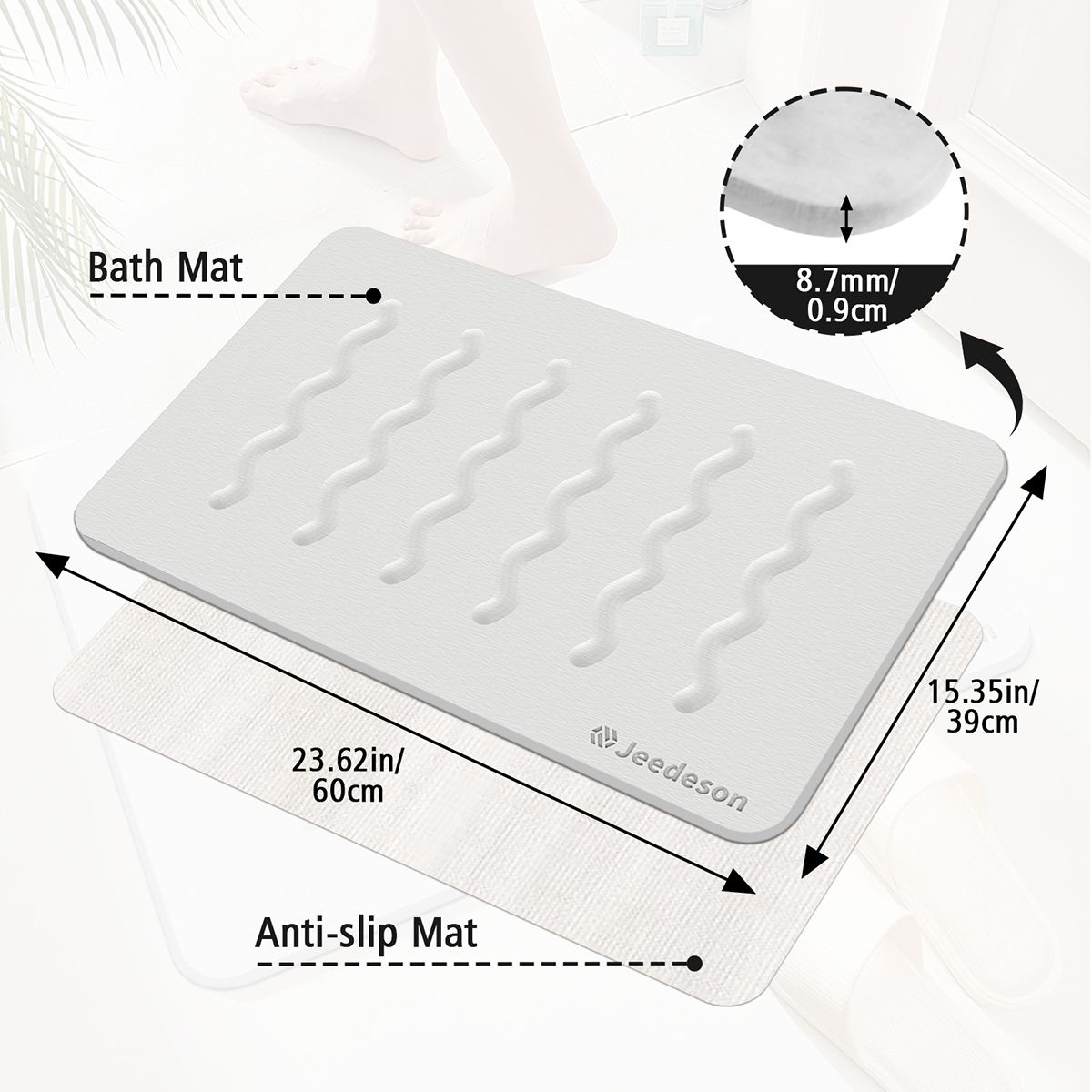 Stone Bath Mat Diatomaceous Earth Shower Mat Non-Slip Super Absorbent Diatomite Stone Mats for Bathroom Floor Quick-Drying Easy to Clean (39x60cm/16