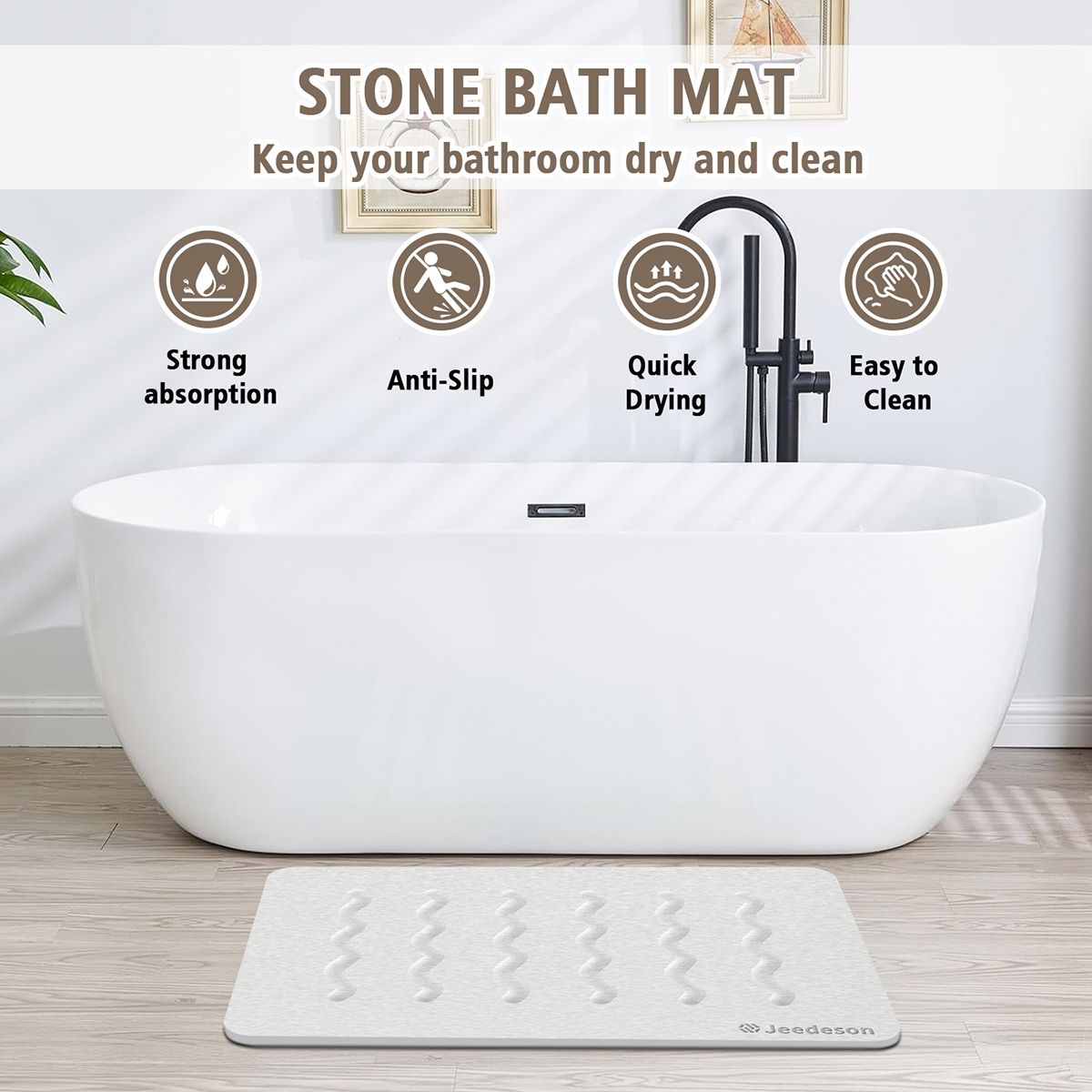Stone Bath Mat Diatomaceous Earth Shower Mat Non-Slip Super Absorbent Diatomite Stone Mats for Bathroom Floor Quick-Drying Easy to Clean (39x60cm/16