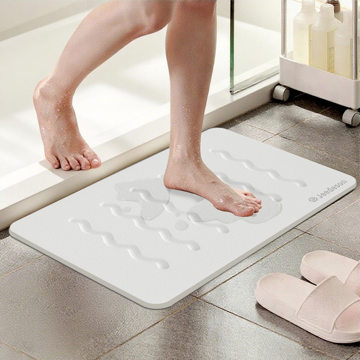 Stone Bath Mat Diatomaceous Earth Shower Mat Non-Slip Super Absorbent Diatomite Stone Mats for Bathroom Floor Quick-Drying Easy to Clean (39x60cm/16" x 24" White Grey) 