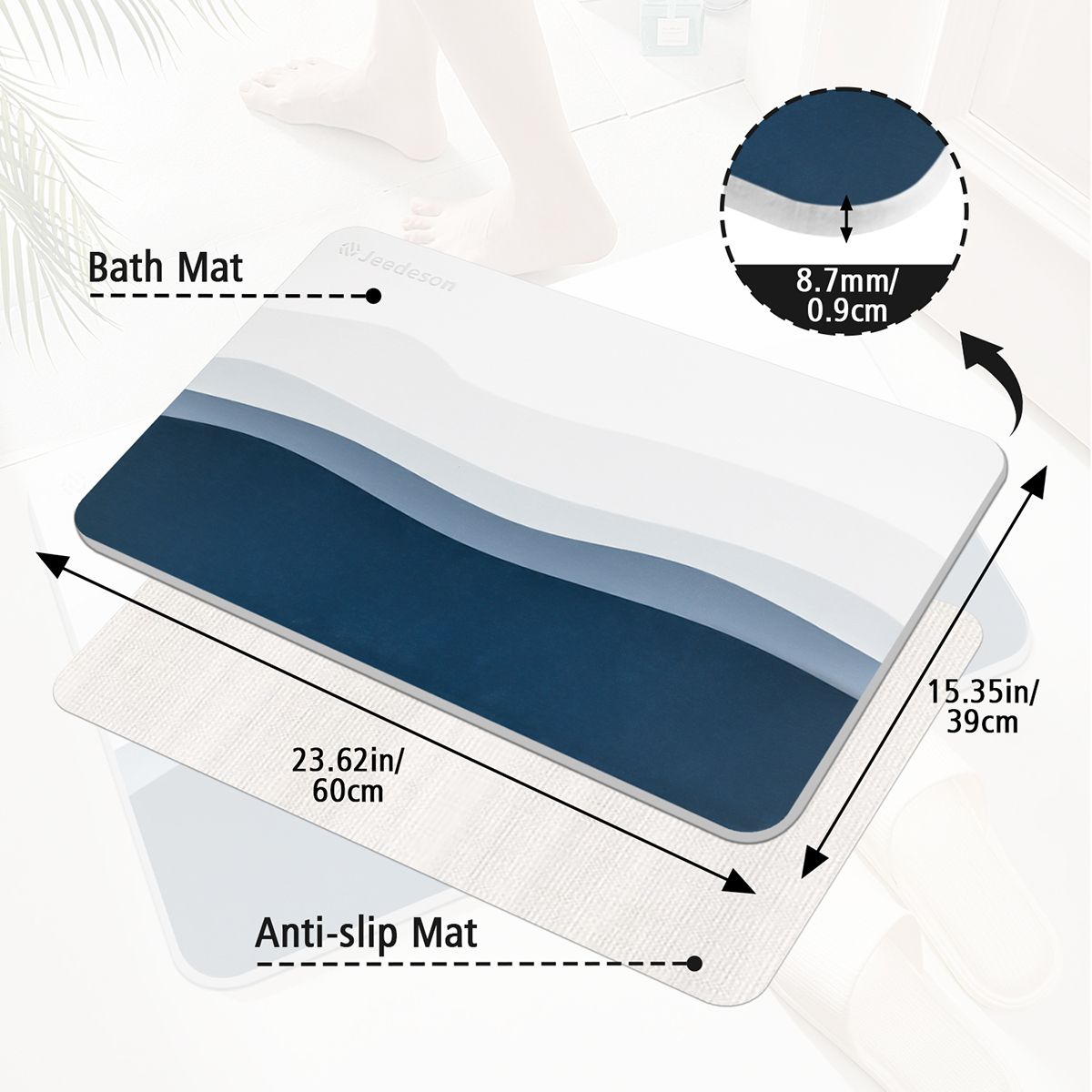 Luxury Diatomite Bath Mat with Blue Wave Design | Quick-Dry Anti-Slip Bathroom & Kitchen Mat | Ultra-Absorbent Stone Mat for Shower, Entryway, Pet Use | 39x60cm Non-Slip Surface