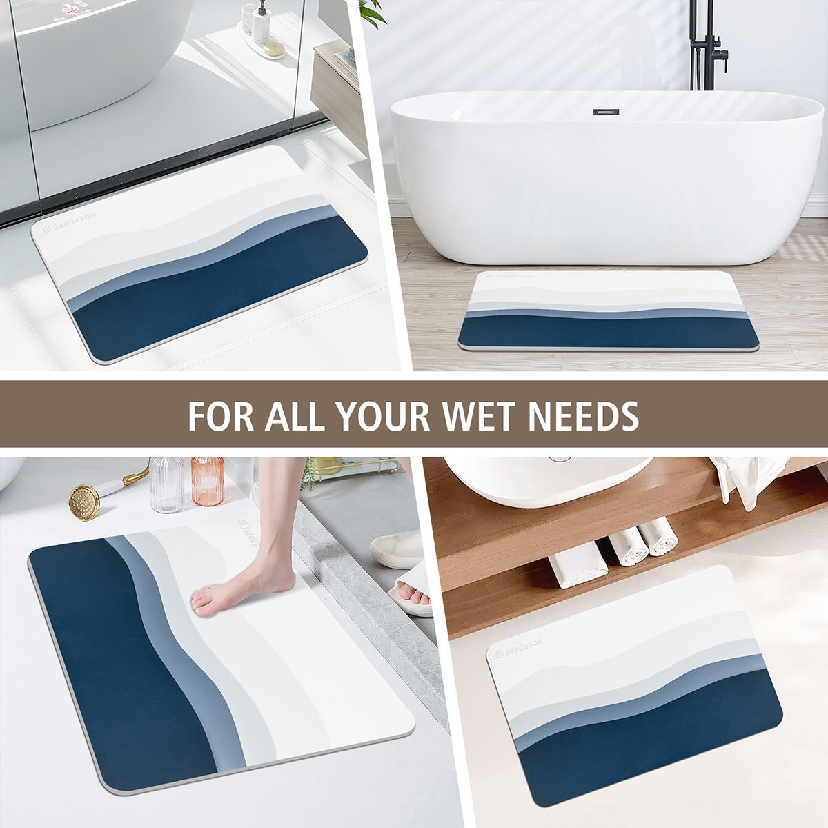 Luxury Diatomite Bath Mat with Blue Wave Design | Quick-Dry Anti-Slip Bathroom & Kitchen Mat | Ultra-Absorbent Stone Mat for Shower, Entryway, Pet Use | 39x60cm Non-Slip Surface