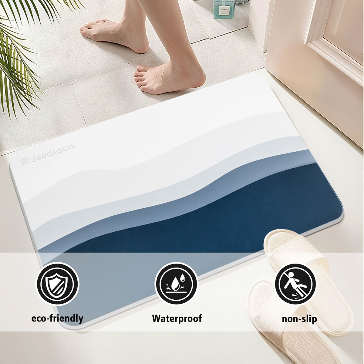 Luxury Diatomite Bath Mat with Blue Wave Design | Quick-Dry Anti-Slip Bathroom & Kitchen Mat | Ultra-Absorbent Stone Mat for Shower, Entryway, Pet Use | 39x60cm Non-Slip Surface