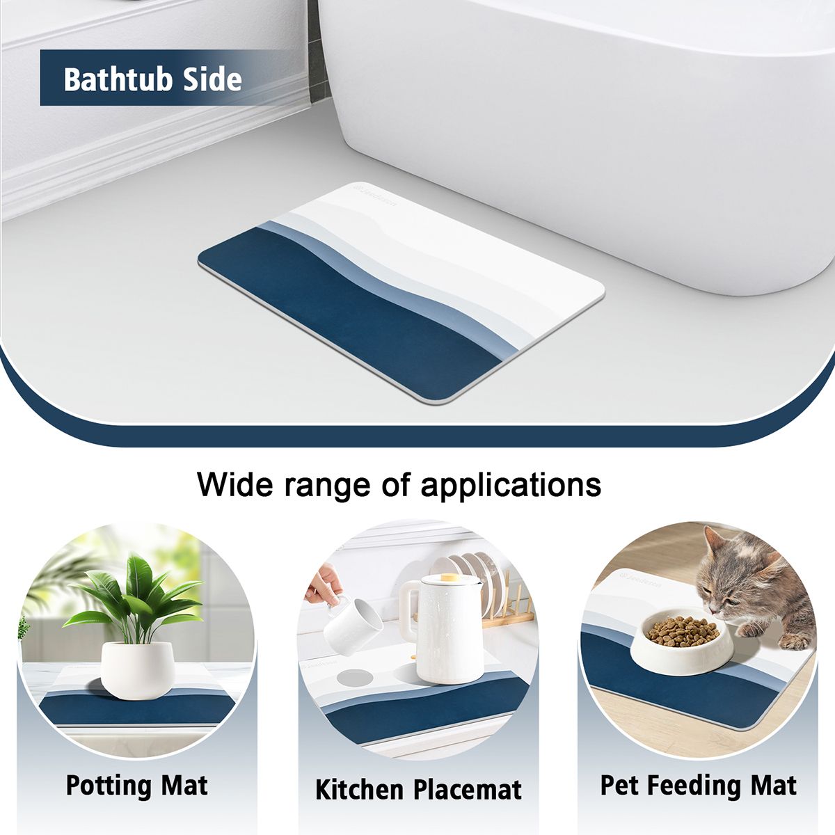 Luxury Diatomite Bath Mat with Blue Wave Design | Quick-Dry Anti-Slip Bathroom & Kitchen Mat | Ultra-Absorbent Stone Mat for Shower, Entryway, Pet Use | 39x60cm Non-Slip Surface