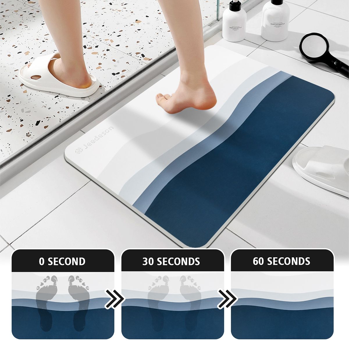 Luxury Diatomite Bath Mat with Blue Wave Design | Quick-Dry Anti-Slip Bathroom & Kitchen Mat | Ultra-Absorbent Stone Mat for Shower, Entryway, Pet Use | 39x60cm Non-Slip Surface