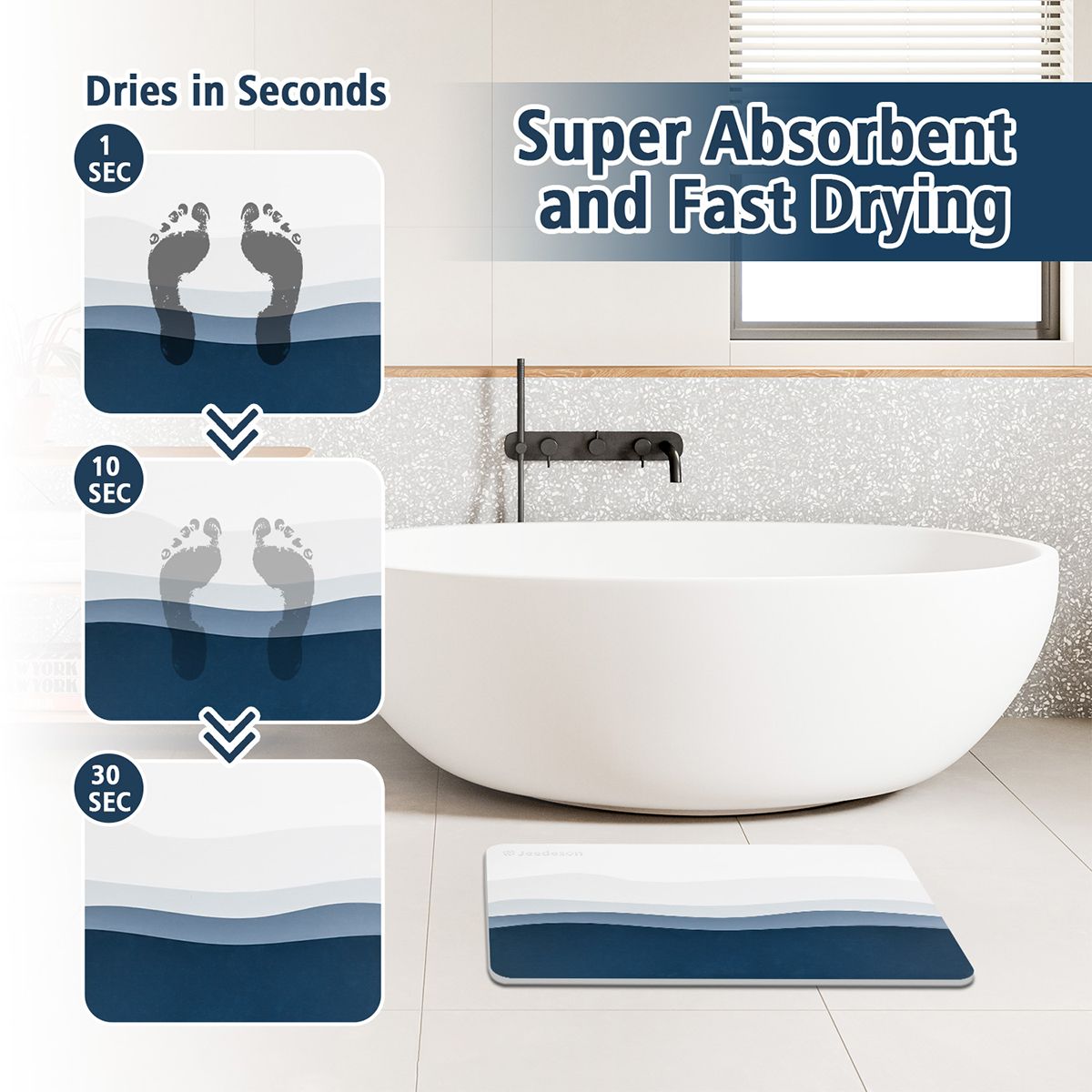 Luxury Diatomite Bath Mat with Blue Wave Design | Quick-Dry Anti-Slip Bathroom & Kitchen Mat | Ultra-Absorbent Stone Mat for Shower, Entryway, Pet Use | 39x60cm Non-Slip Surface