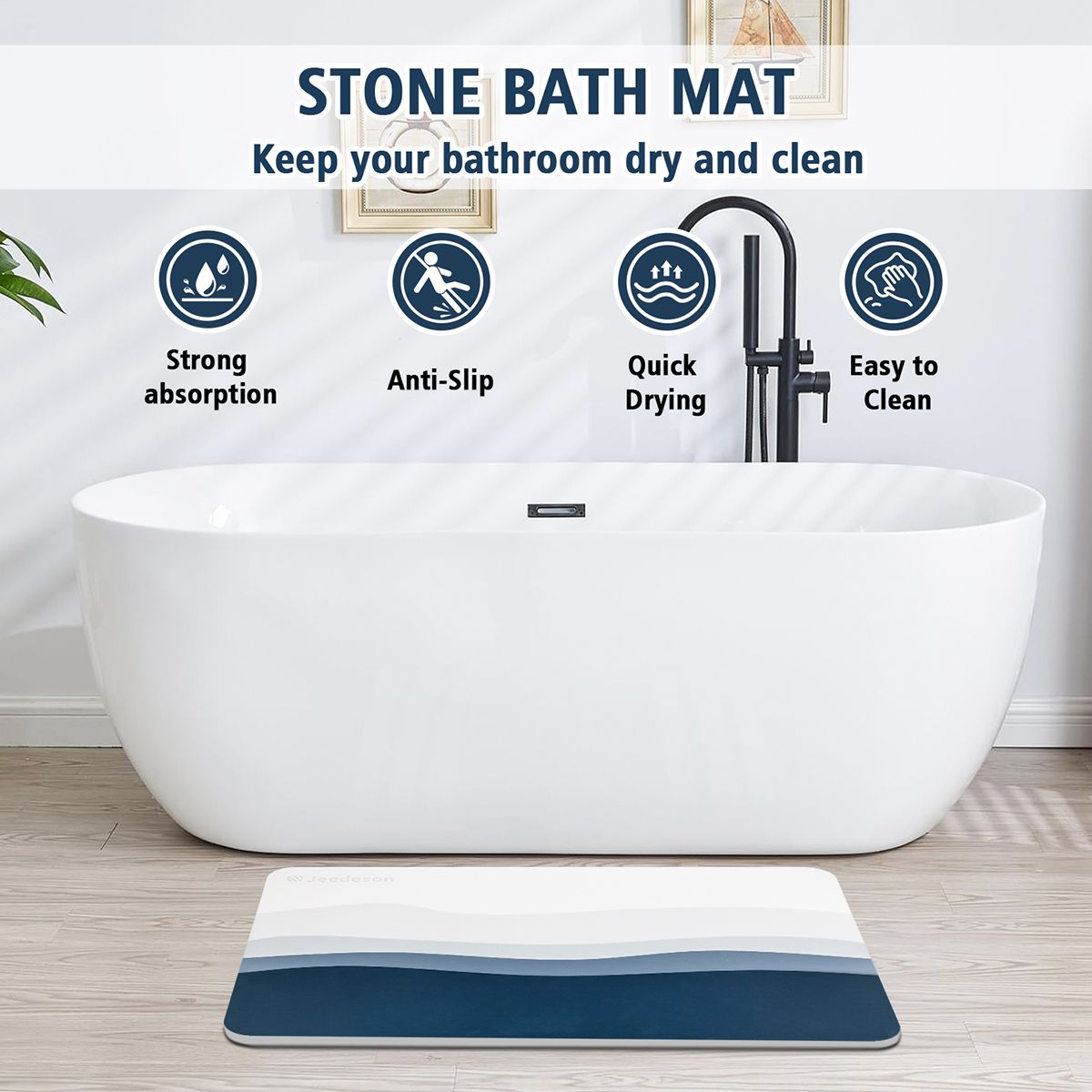 Luxury Diatomite Bath Mat with Blue Wave Design | Quick-Dry Anti-Slip Bathroom & Kitchen Mat | Ultra-Absorbent Stone Mat for Shower, Entryway, Pet Use | 39x60cm Non-Slip Surface