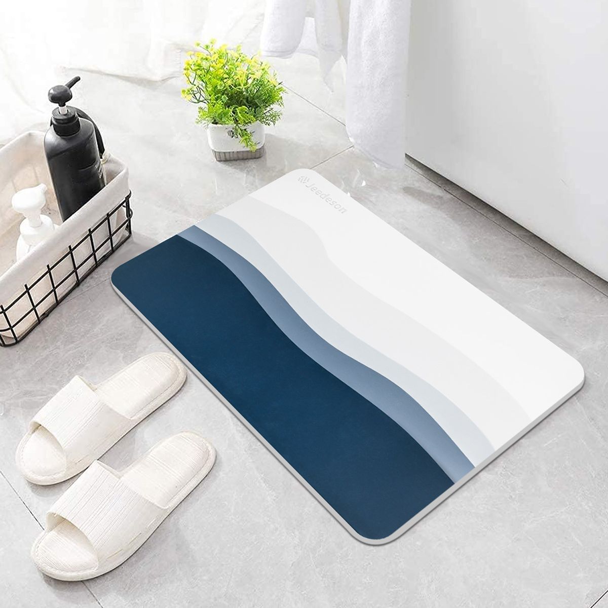 Luxury Diatomite Bath Mat with Blue Wave Design | Quick-Dry Anti-Slip Bathroom & Kitchen Mat | Ultra-Absorbent Stone Mat for Shower, Entryway, Pet Use | 39x60cm Non-Slip Surface
