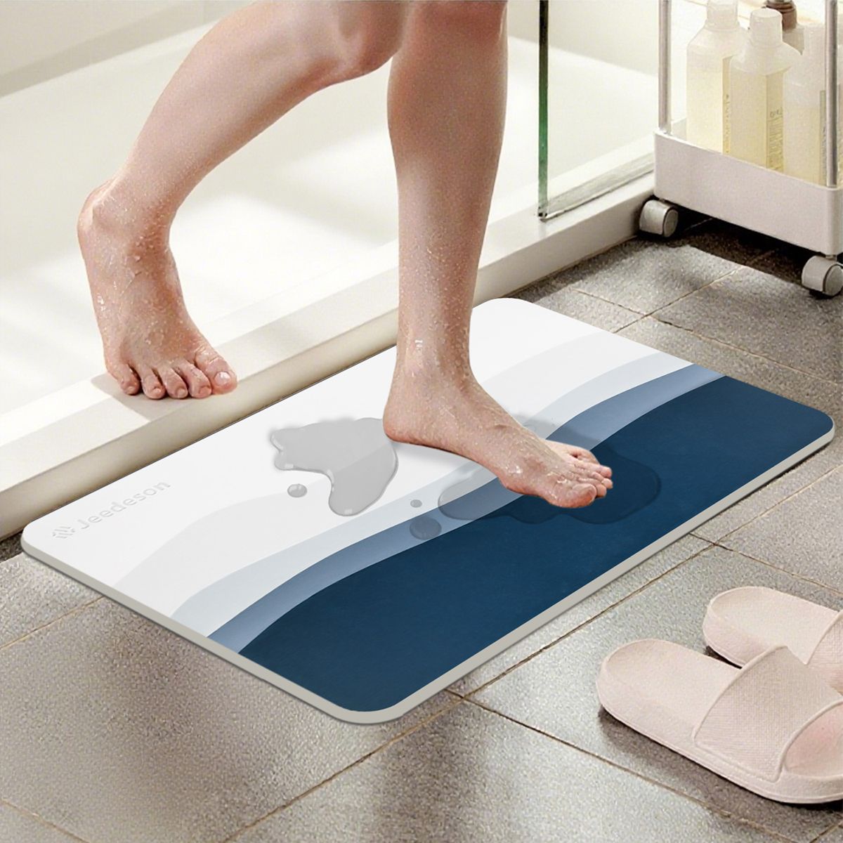 Luxury Diatomite Bath Mat with Blue Wave Design | Quick-Dry Anti-Slip Bathroom & Kitchen Mat | Ultra-Absorbent Stone Mat for Shower, Entryway, Pet Use | 39x60cm Non-Slip Surface
