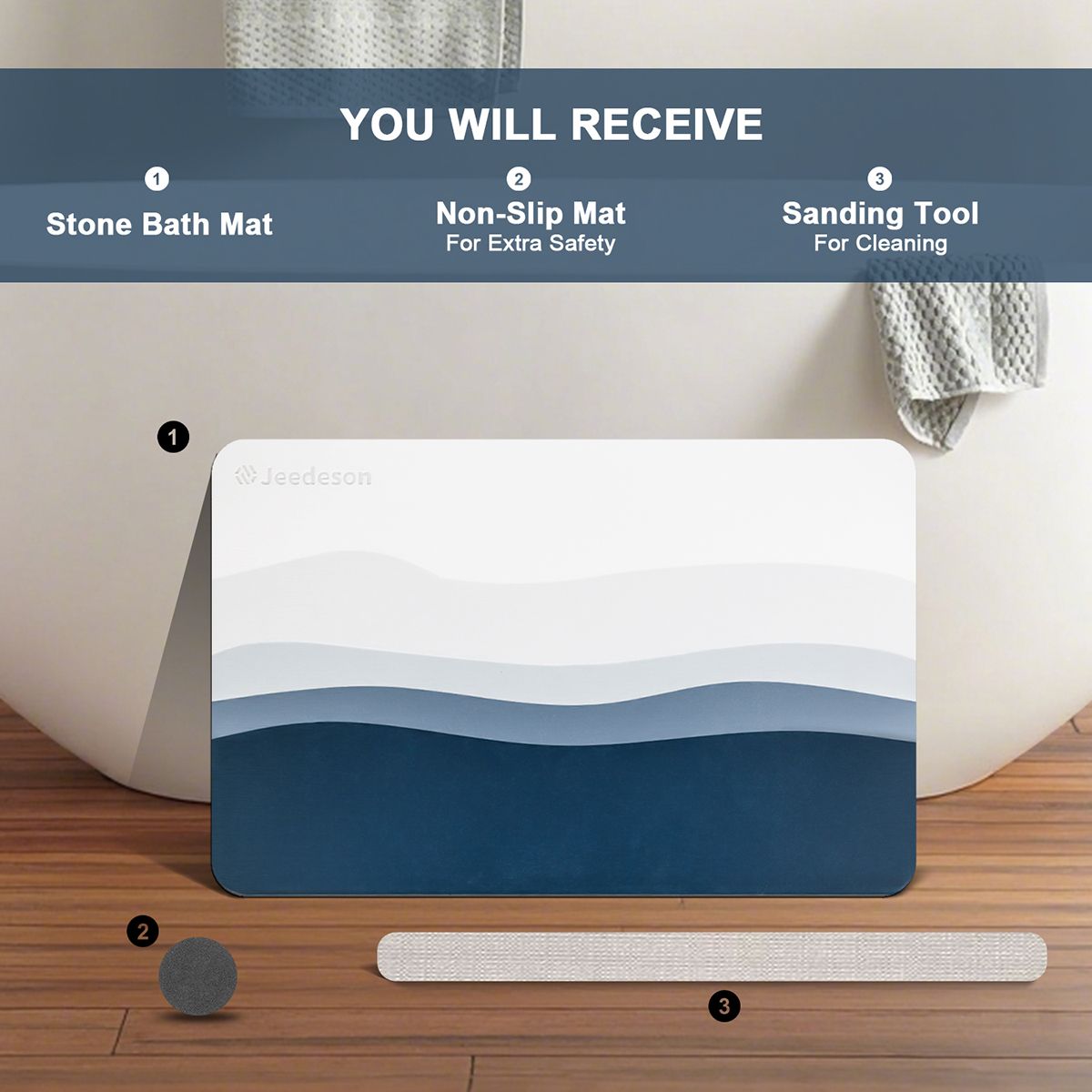 Luxury Diatomite Bath Mat with Blue Wave Design | Quick-Dry Anti-Slip Bathroom & Kitchen Mat | Ultra-Absorbent Stone Mat for Shower, Entryway, Pet Use | 39x60cm Non-Slip Surface