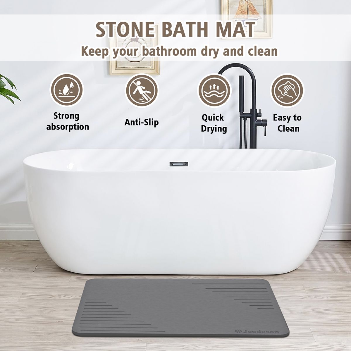 Stone Bath Mat Diatomaceous Earth Shower Mat Non-Slip Super Absorbent Diatomite Stone Mats for Bathroom Floor Quick-Drying Easy to Clean (39x60cm/16