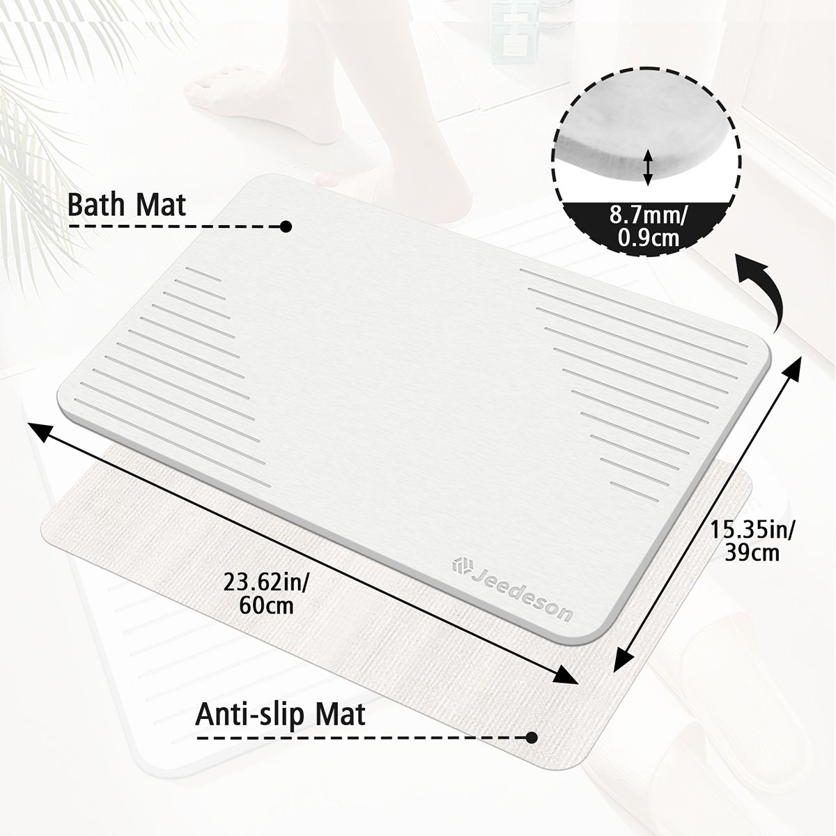 Stone Bath Mat Diatomaceous Earth Shower Mat Non-Slip Super Absorbent Diatomite Stone Mats for Bathroom Floor Quick-Drying Easy to Clean (39x60cm/16