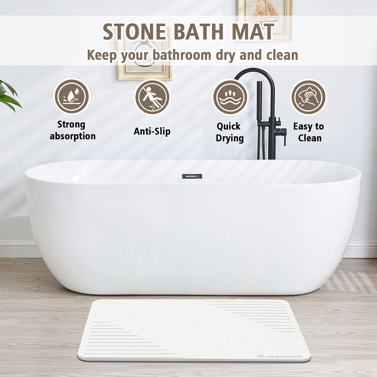 Stone Bath Mat Diatomaceous Earth Shower Mat Non-Slip Super Absorbent Diatomite Stone Mats for Bathroom Floor Quick-Drying Easy to Clean (39x60cm/16