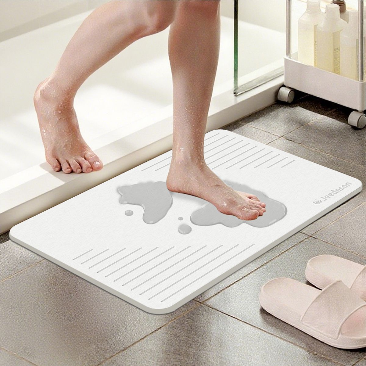 Stone Bath Mat Diatomaceous Earth Shower Mat Non-Slip Super Absorbent Diatomite Stone Mats for Bathroom Floor Quick-Drying Easy to Clean (39x60cm/16" x 24" White Grey) 